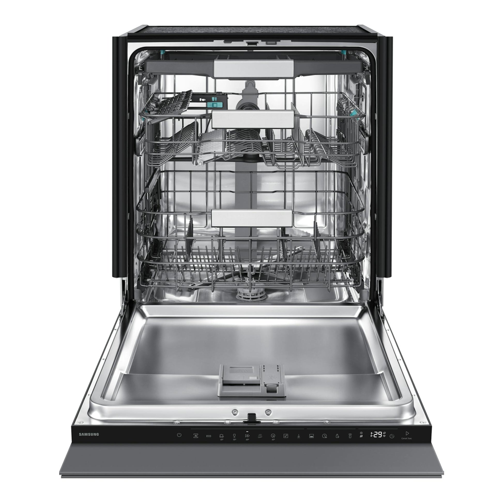 Lavavajillas integrable Samsung DW80H77JAI0U1, abierto, vista frontal, interior de acero y cestas grises.