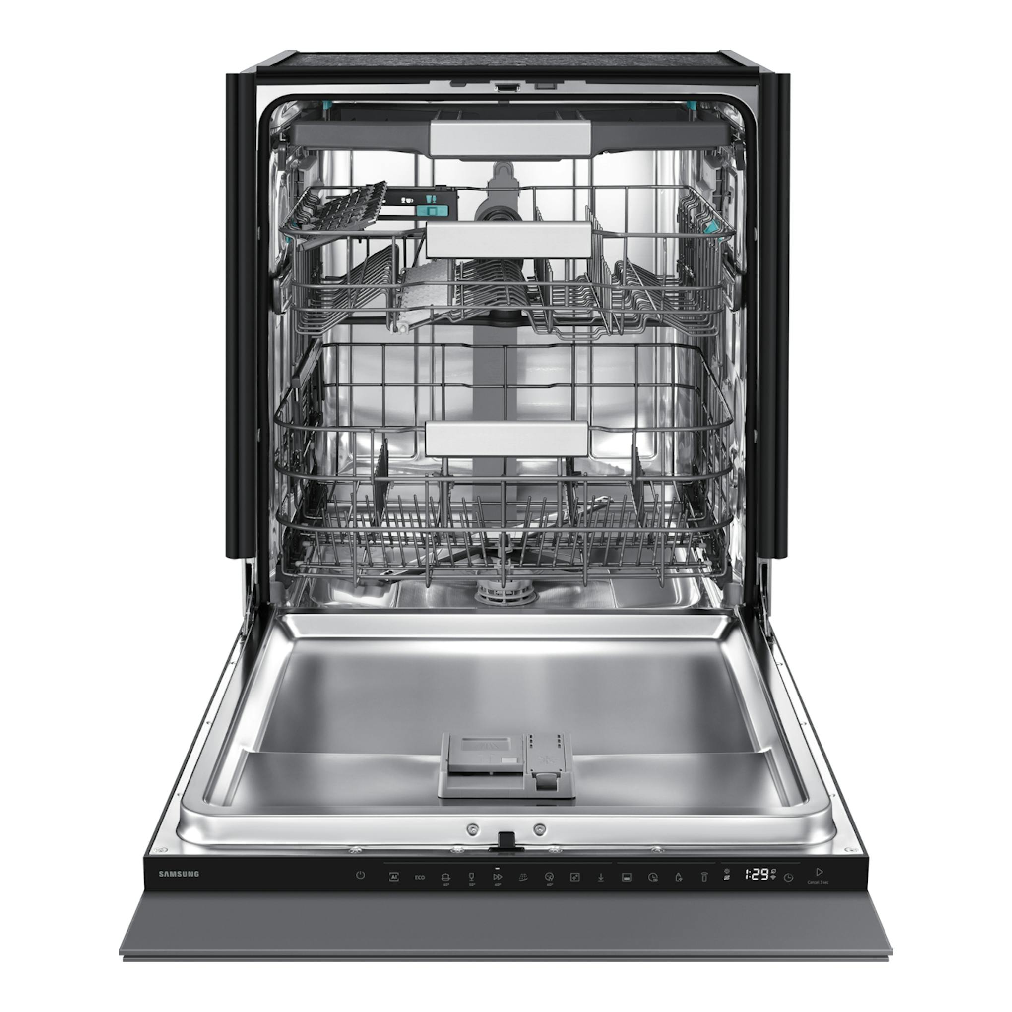 Lavavajillas integrable Samsung DW80H77JAI0U1, abierto, vista frontal, interior de acero y cestas grises.