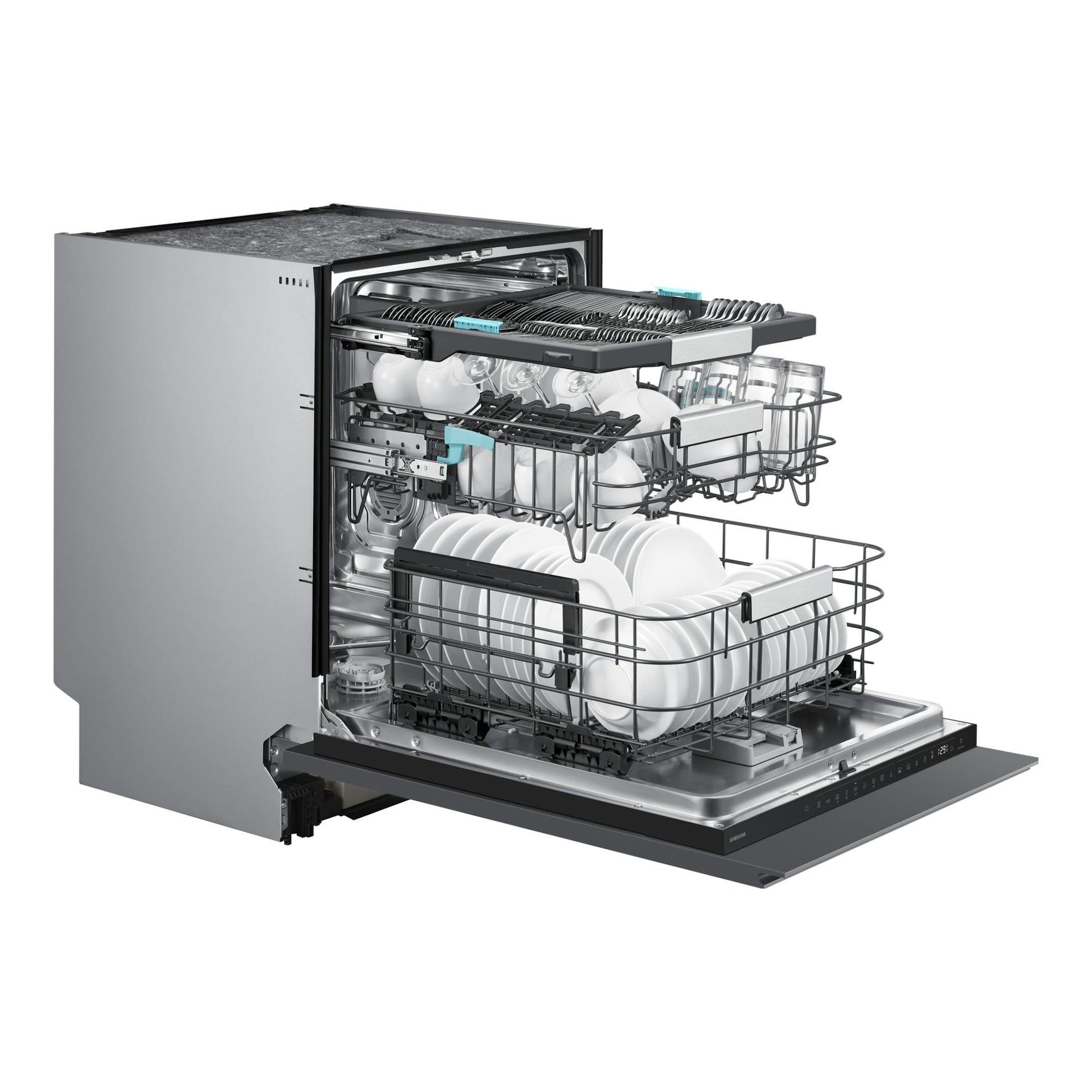 Lavavajillas Samsung DW80H77JAI0U1 integrable, plateado, abierto en vista frontal 3/4, con cestas cargadas.