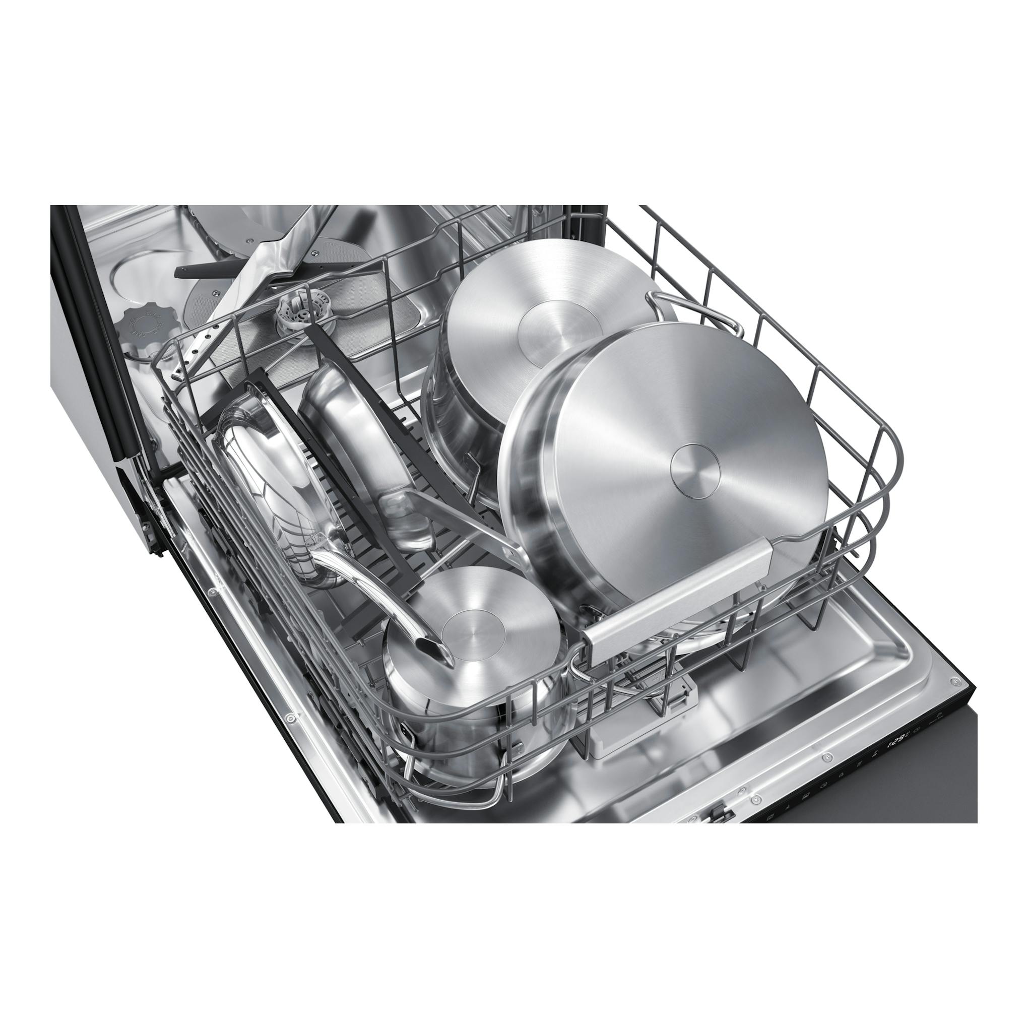 Lavavajillas Samsung DW80H77JAI0U1, vista interior en acero inoxidable con ollas y sartenes en los cestos.