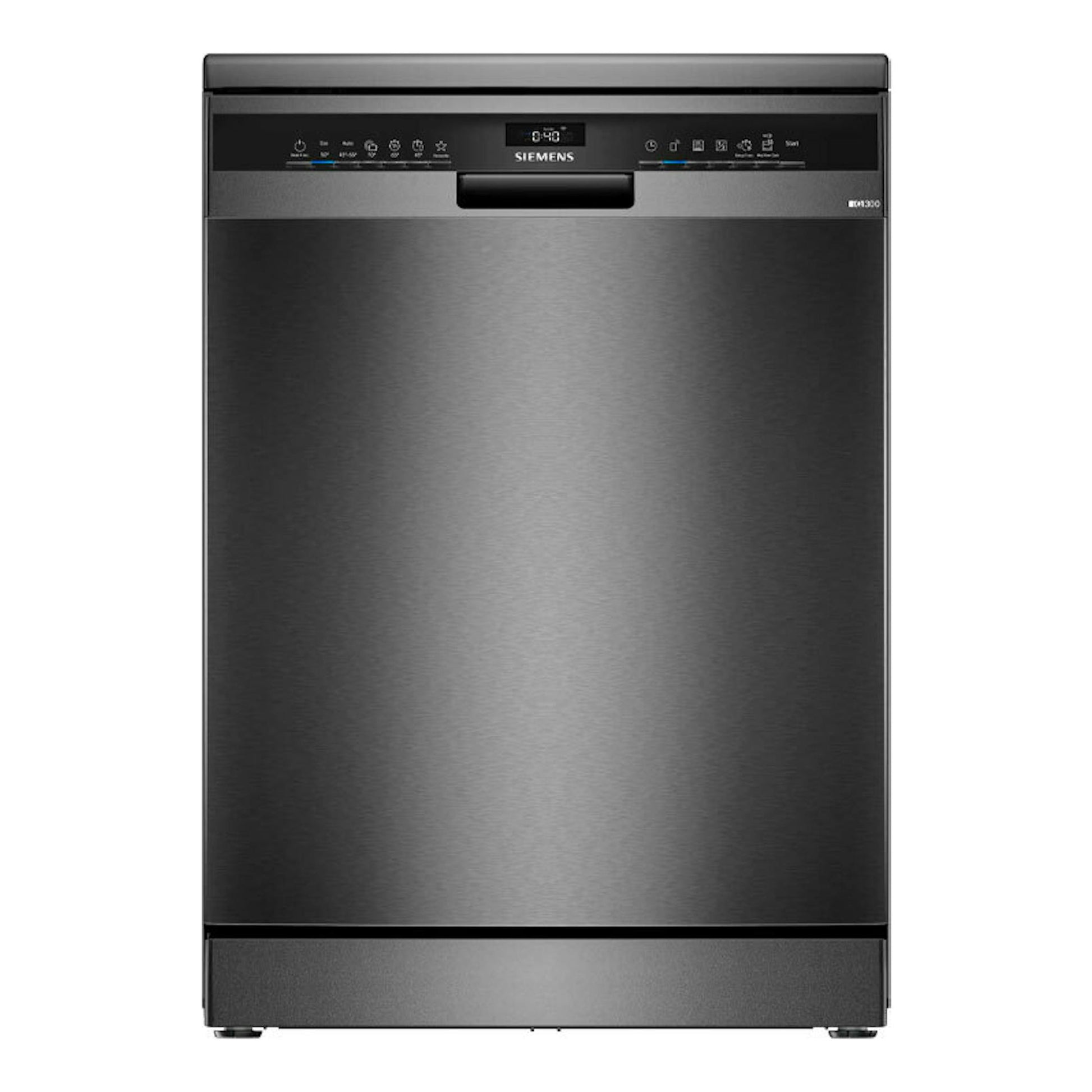 Lavavajillas Siemens SN23EC03ME negro, vista frontal, con panel superior y pantalla digital.