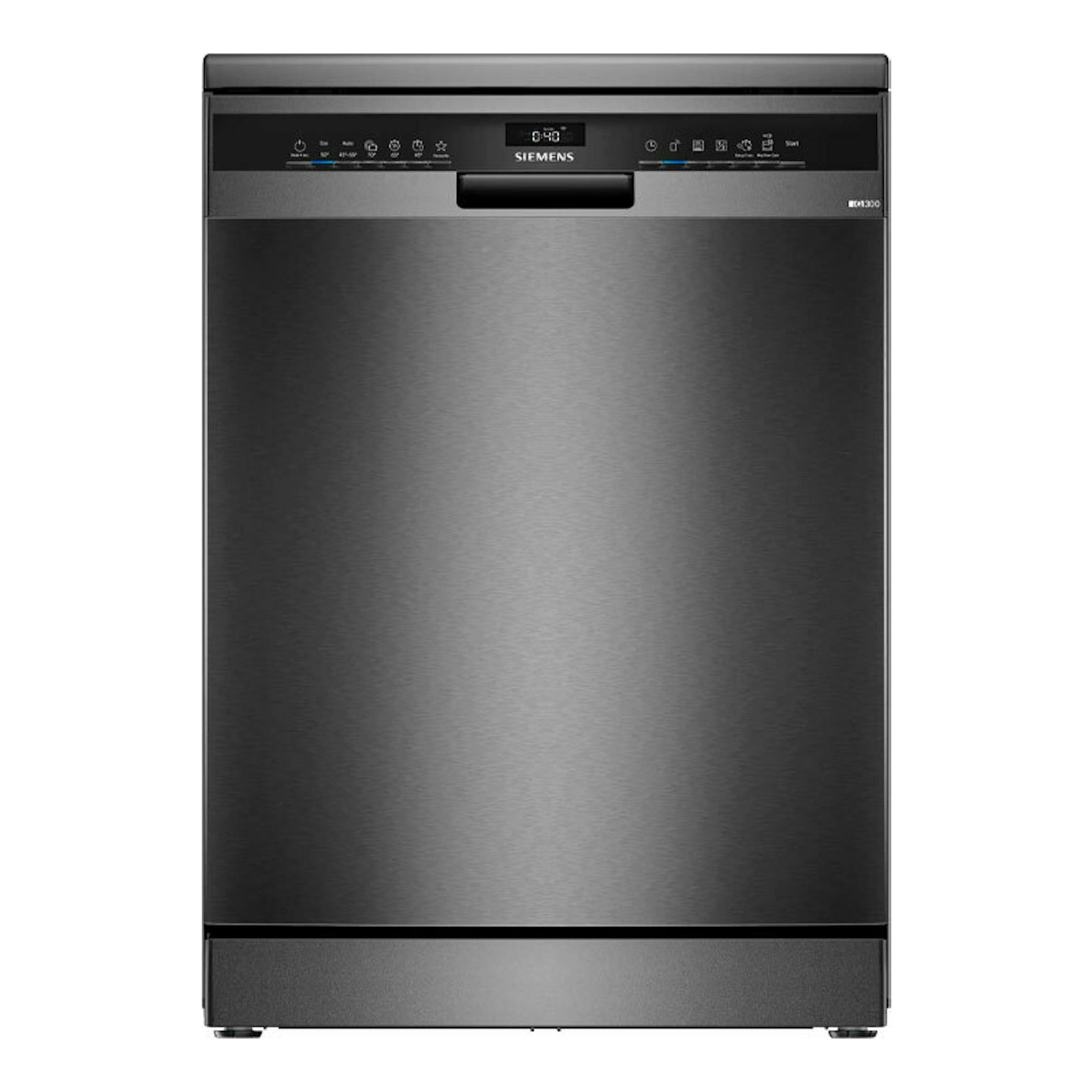 Lavavajillas Siemens SN23EC03ME negro, vista frontal, con panel superior y pantalla digital.