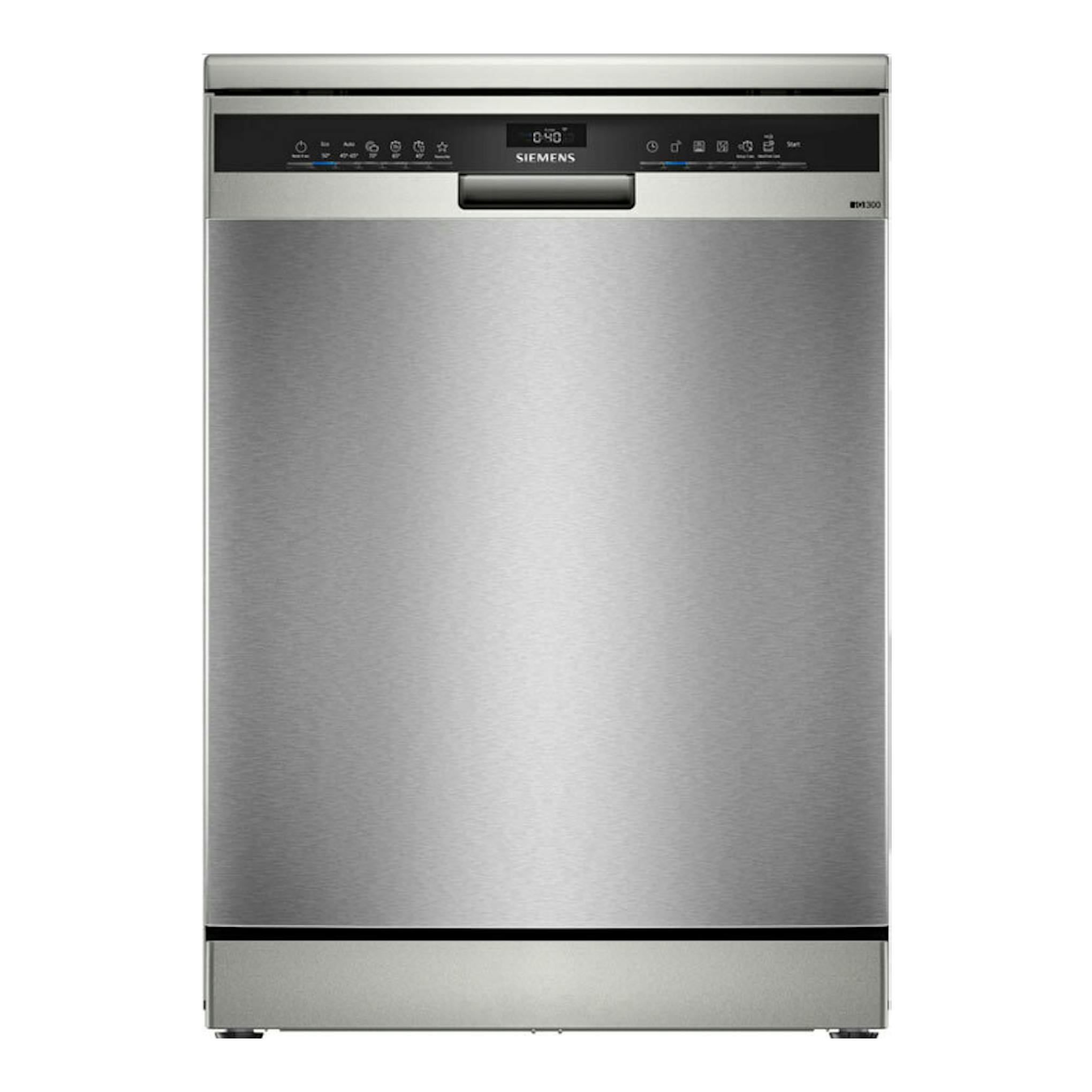 Lavavajillas Siemens SN23EI03KE de acero inoxidable, vista frontal.