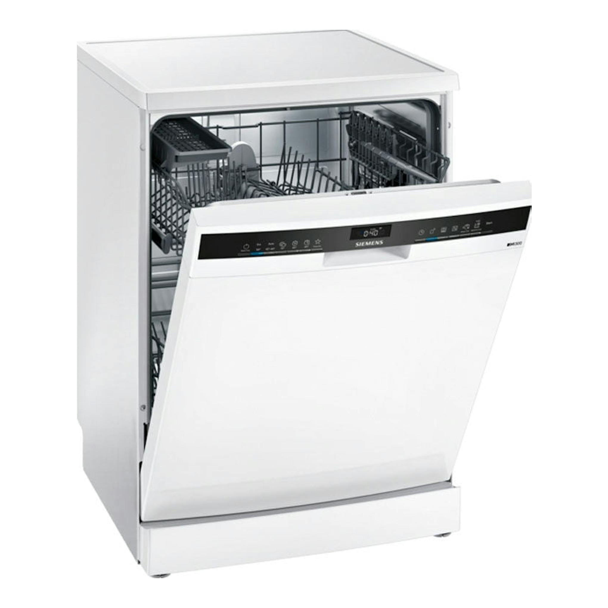Lavavajillas Siemens SN23EW14AE blanco, vista frontal con la puerta abatida y cestos interiores visibles.