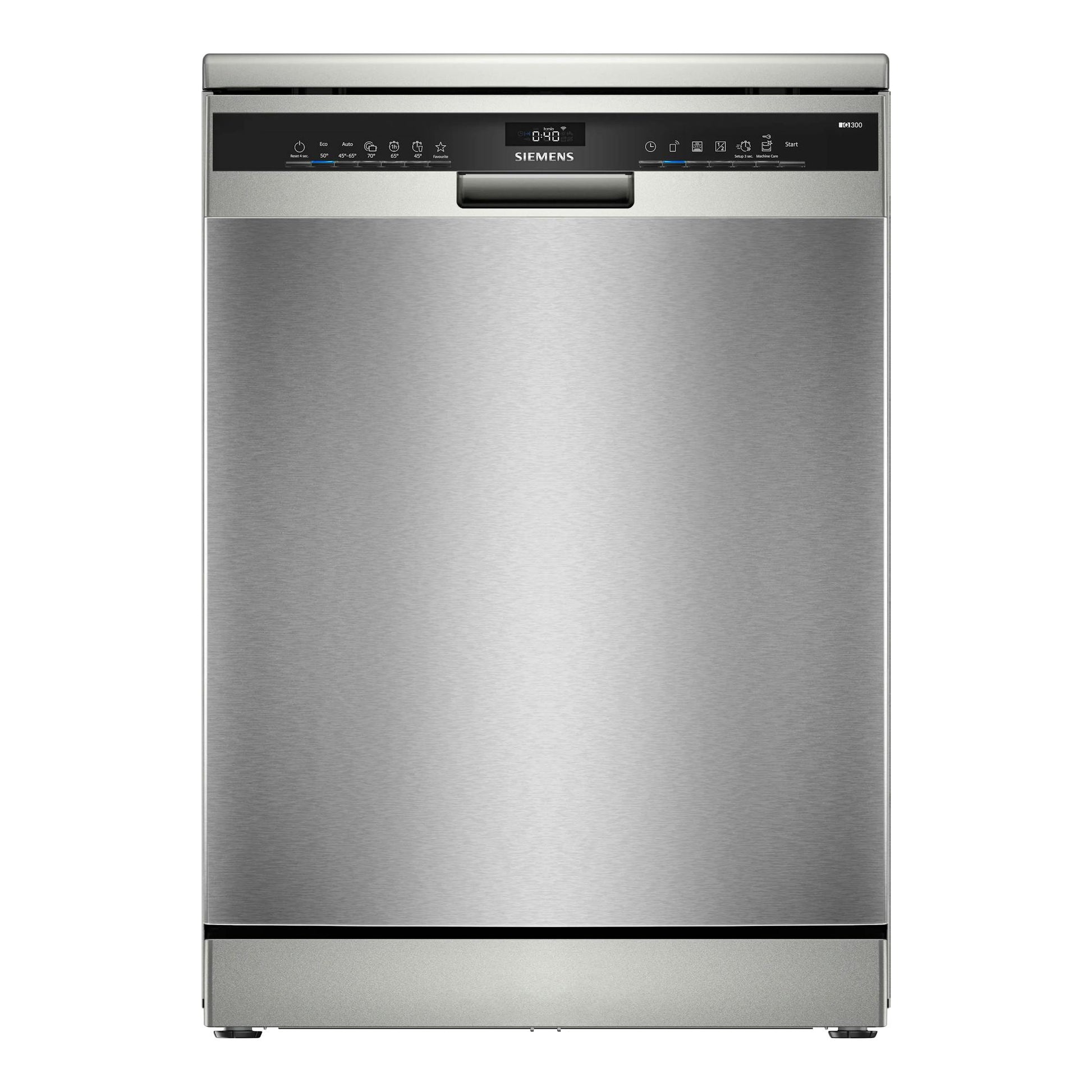 Lavavajillas Siemens SN23HI05ME de acero inoxidable, vista frontal, con panel de control superior.