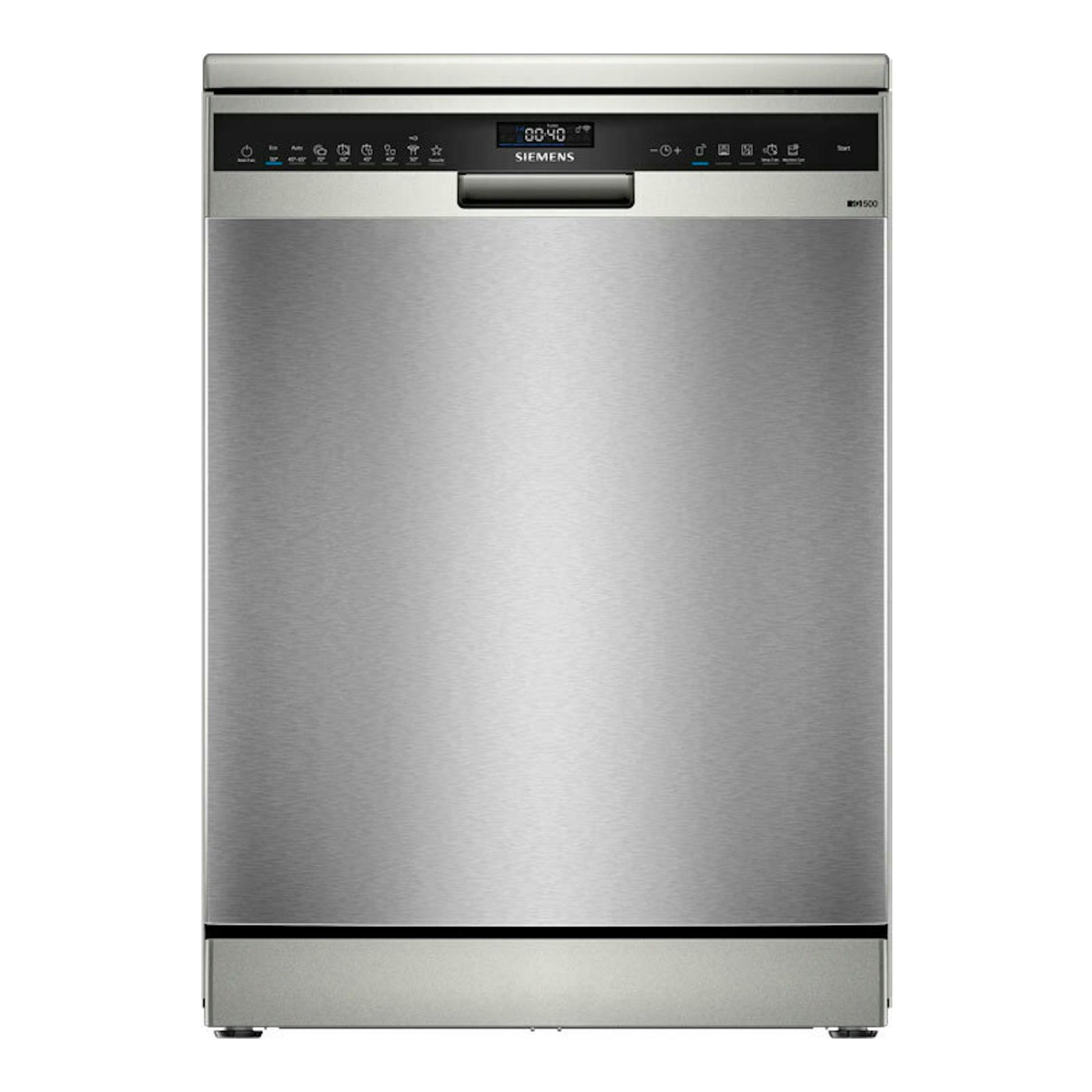 Lavavajillas Siemens SN25EI13CE inox, vista frontal, con panel superior negro y pantalla digital.