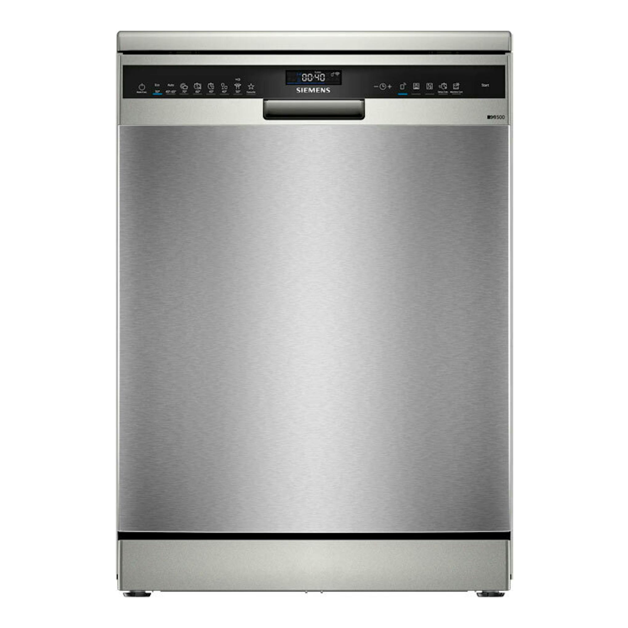 Lavavajillas Siemens SN25EI13CE inox, vista frontal, con panel superior negro y pantalla digital.