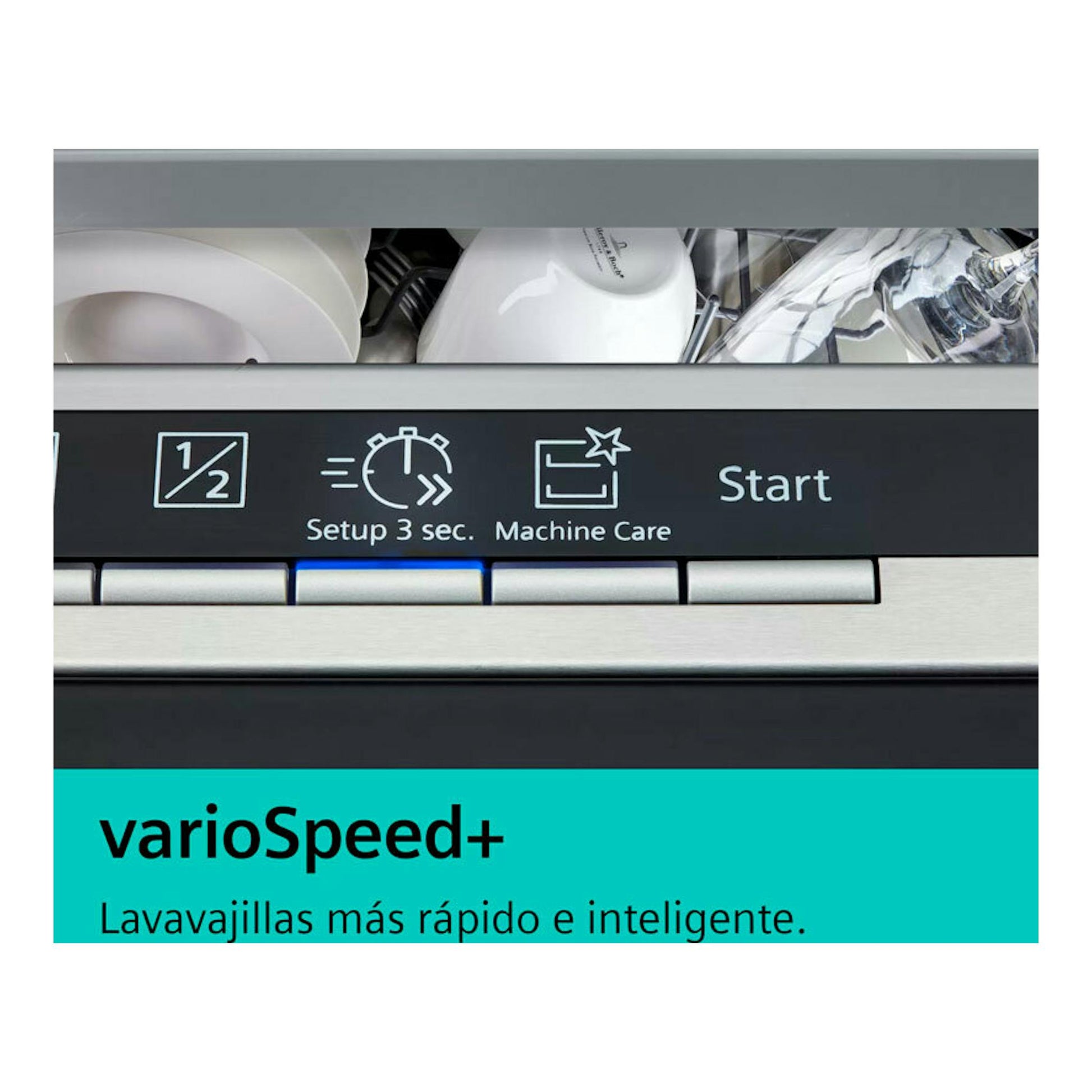 Panel de lavavajillas Siemens SN25EI13CE inox con botones varioSpeed+ y Start, vista frontal.