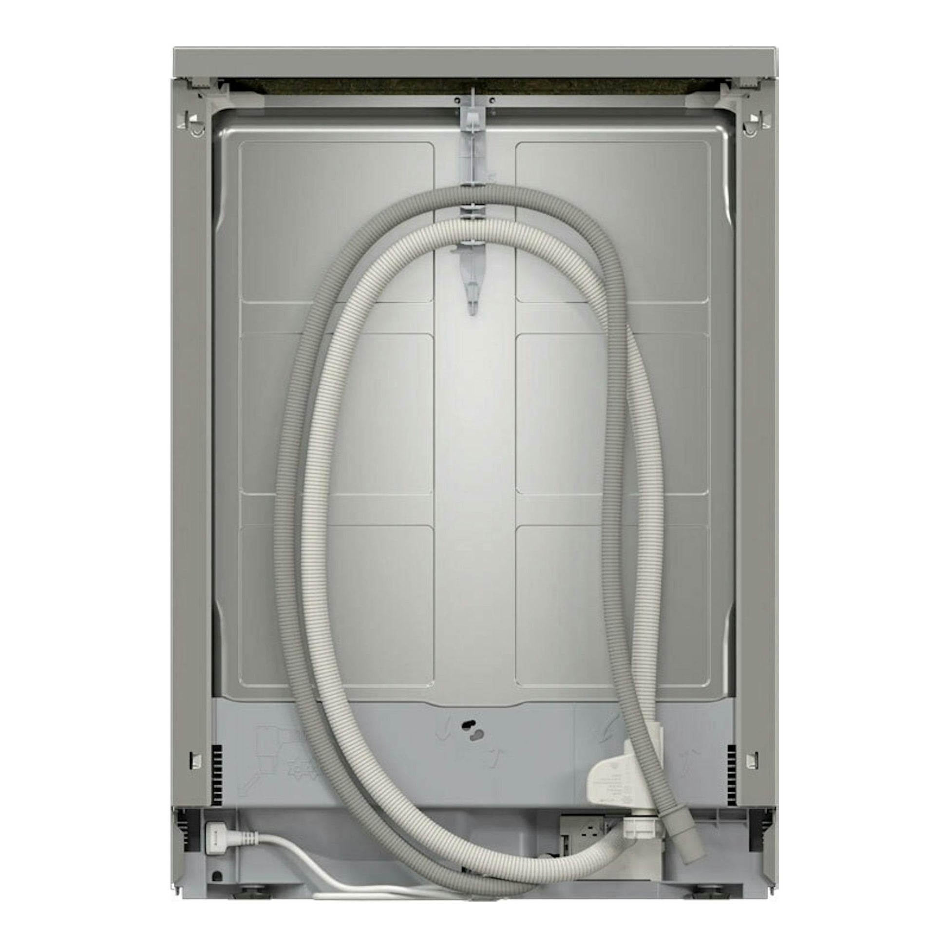 Lavavajillas Siemens SN25ZI08CE en vista trasera, panel gris metalizado y mangueras visibles.