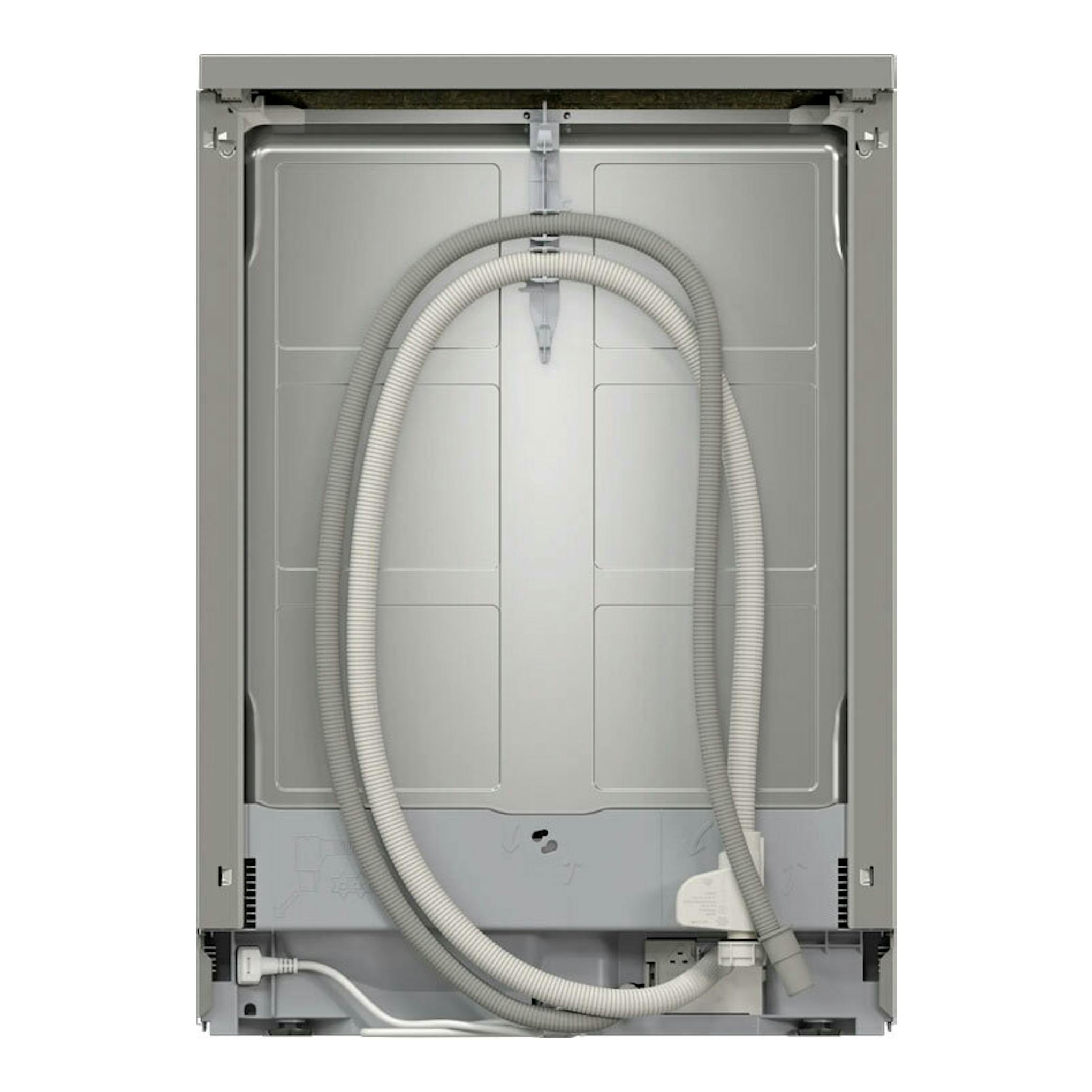 Lavavajillas Siemens SN25ZI08CE en vista trasera, panel gris metalizado y mangueras visibles.