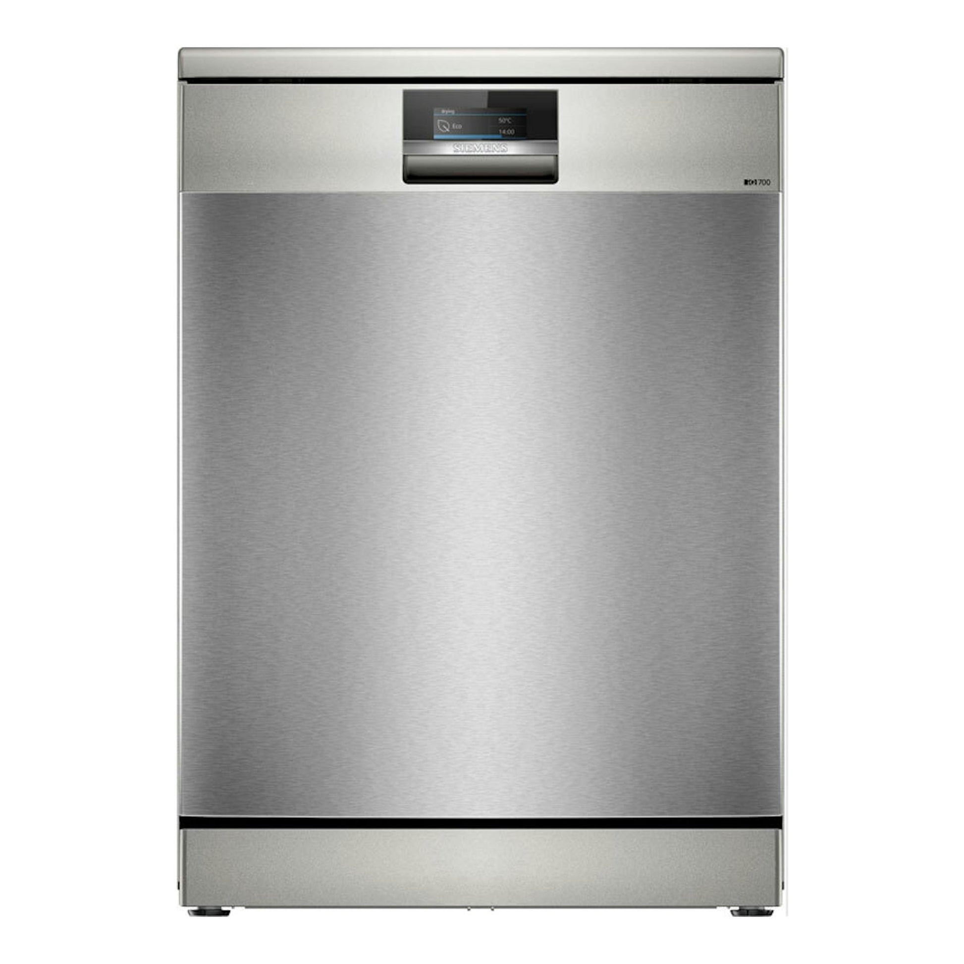 Lavavajillas Siemens SN27TI02CE de acero inoxidable, vista frontal, con panel de control superior.