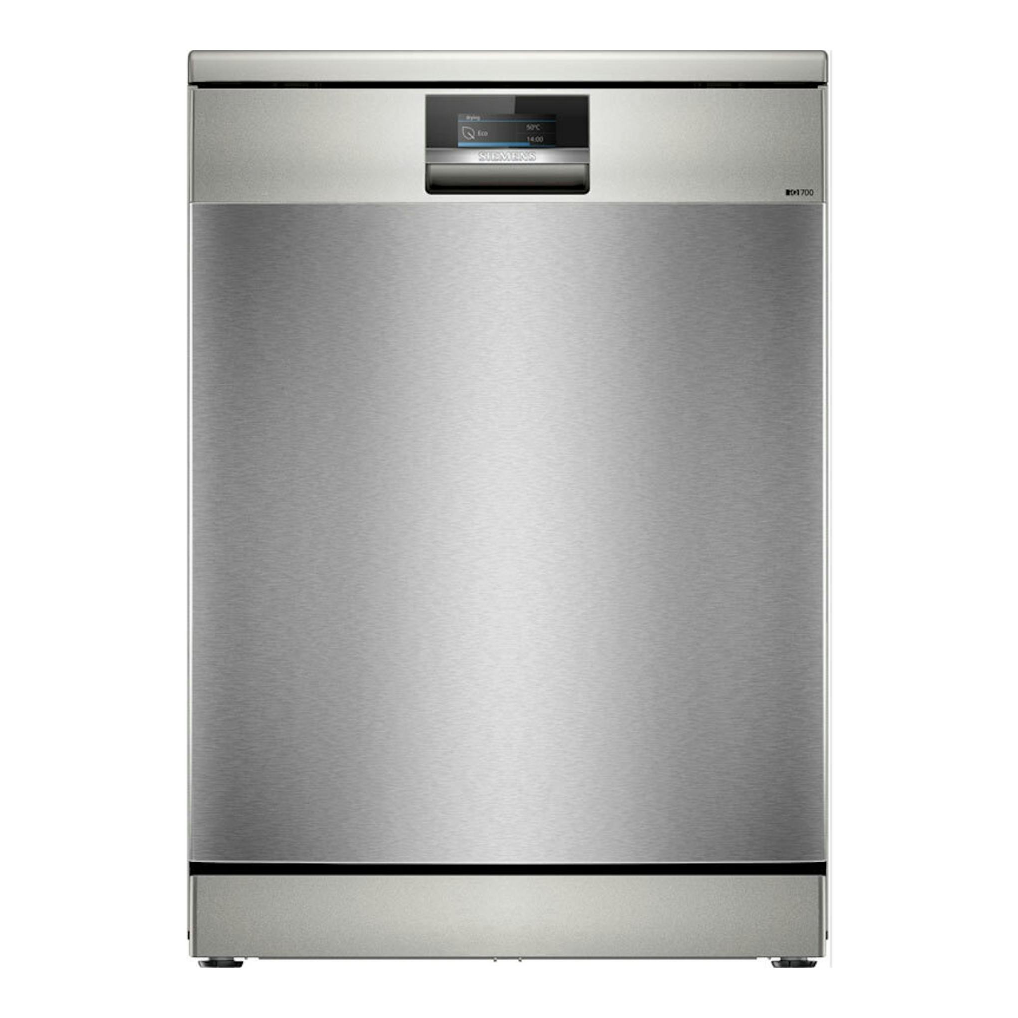 Lavavajillas Siemens SN27TI02CE de acero inoxidable, vista frontal, con panel de control superior.