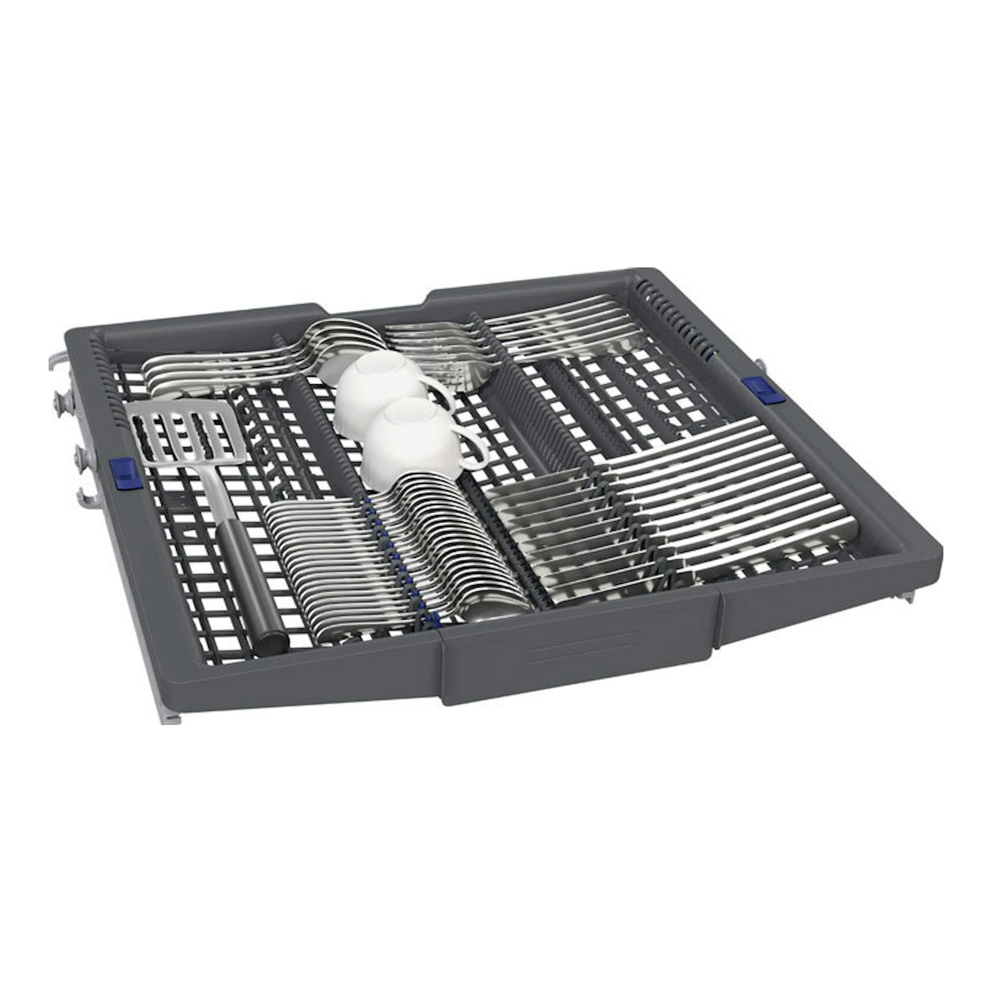 Siemens SN27TI02CE: cesto gris para cubiertos y vajilla, vista en perspectiva sobre fondo blanco.