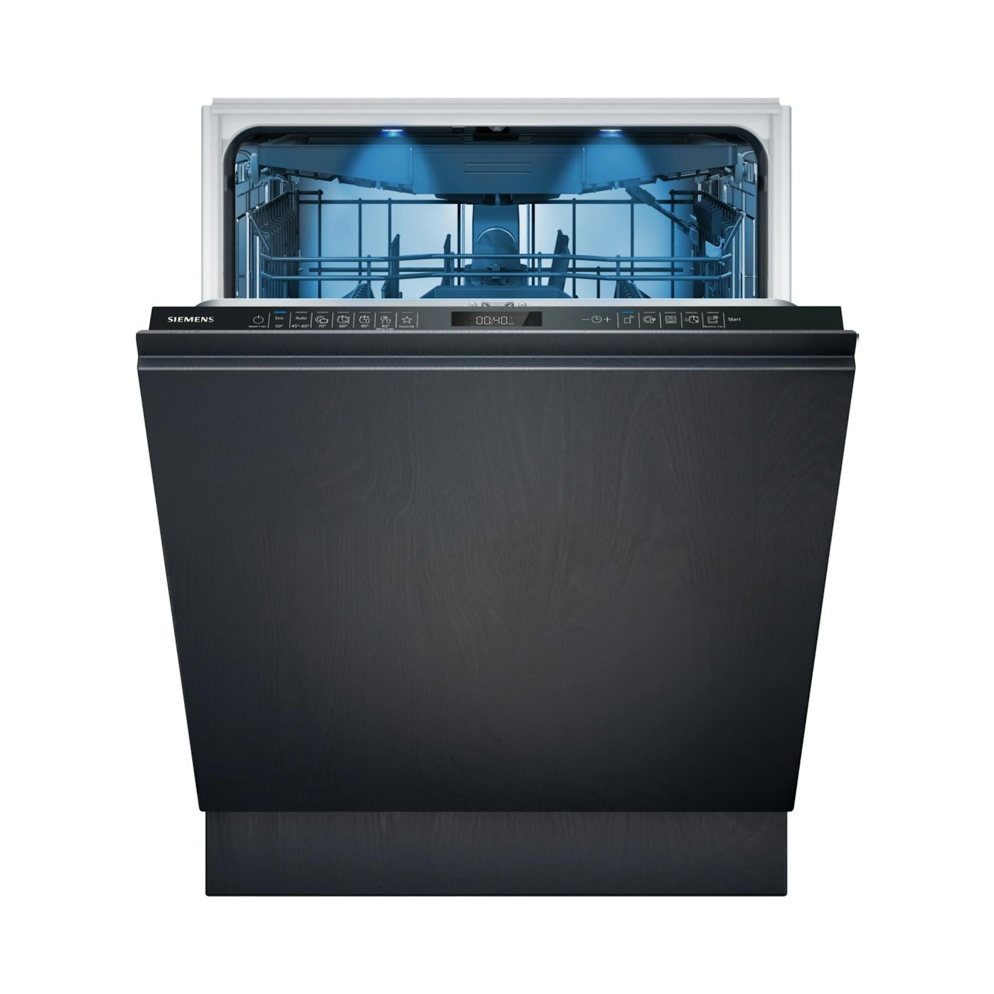 Lavavajillas integrable Siemens SN65ZX17CE, frontal negro, puerta abierta y cesta interior visible.