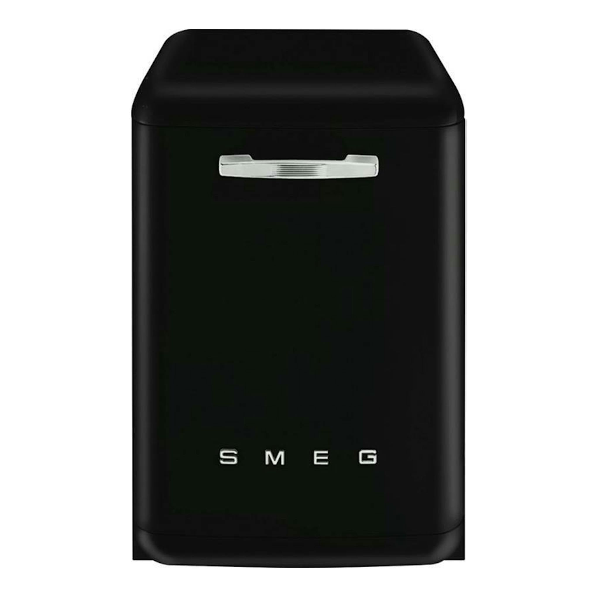 Lavavajillas Smeg LVFABBL3 negro, vista frontal, con tirador cromado y logo SMEG.