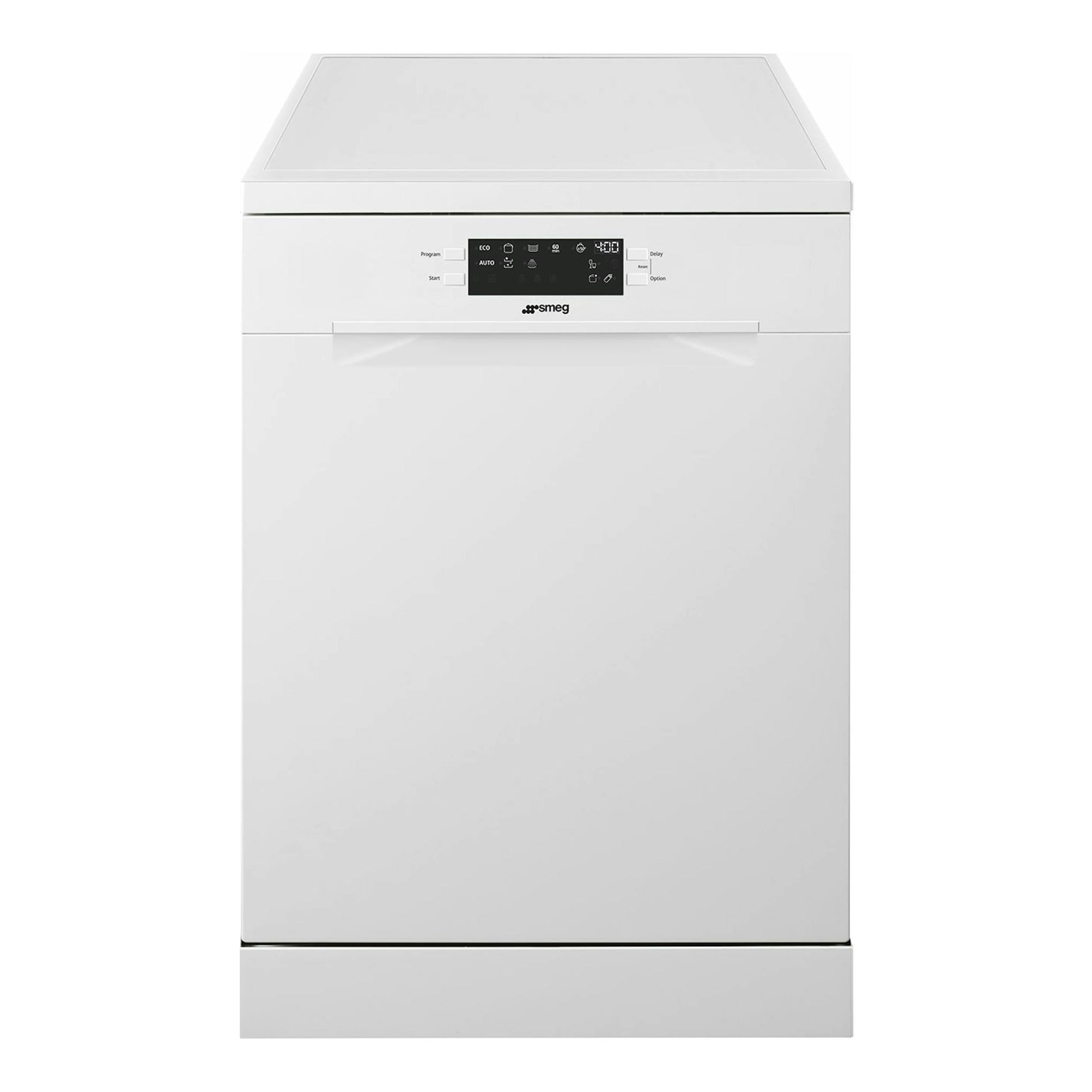 Lavavajillas Smeg LVS262EB blanco, vista frontal, de libre instalación.