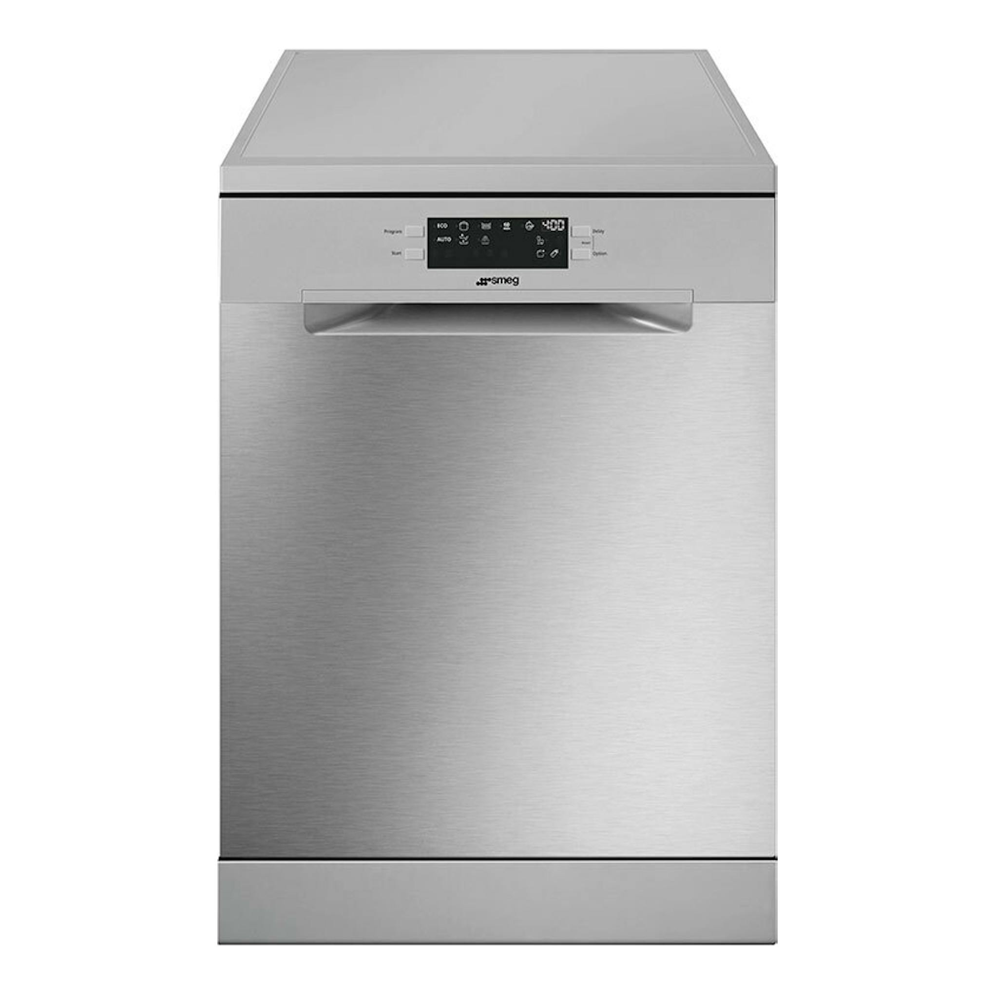 Lavavajillas Smeg LVS342CQSX de acero inoxidable, vista frontal, con panel de control superior.