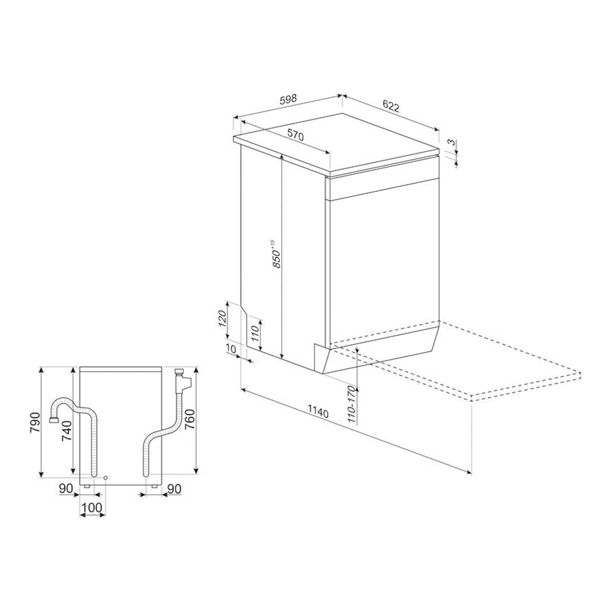 Smeg LVS342CQSX: dibujo técnico en blanco y negro de lavavajillas integrable, vista frontal y lateral con medidas.