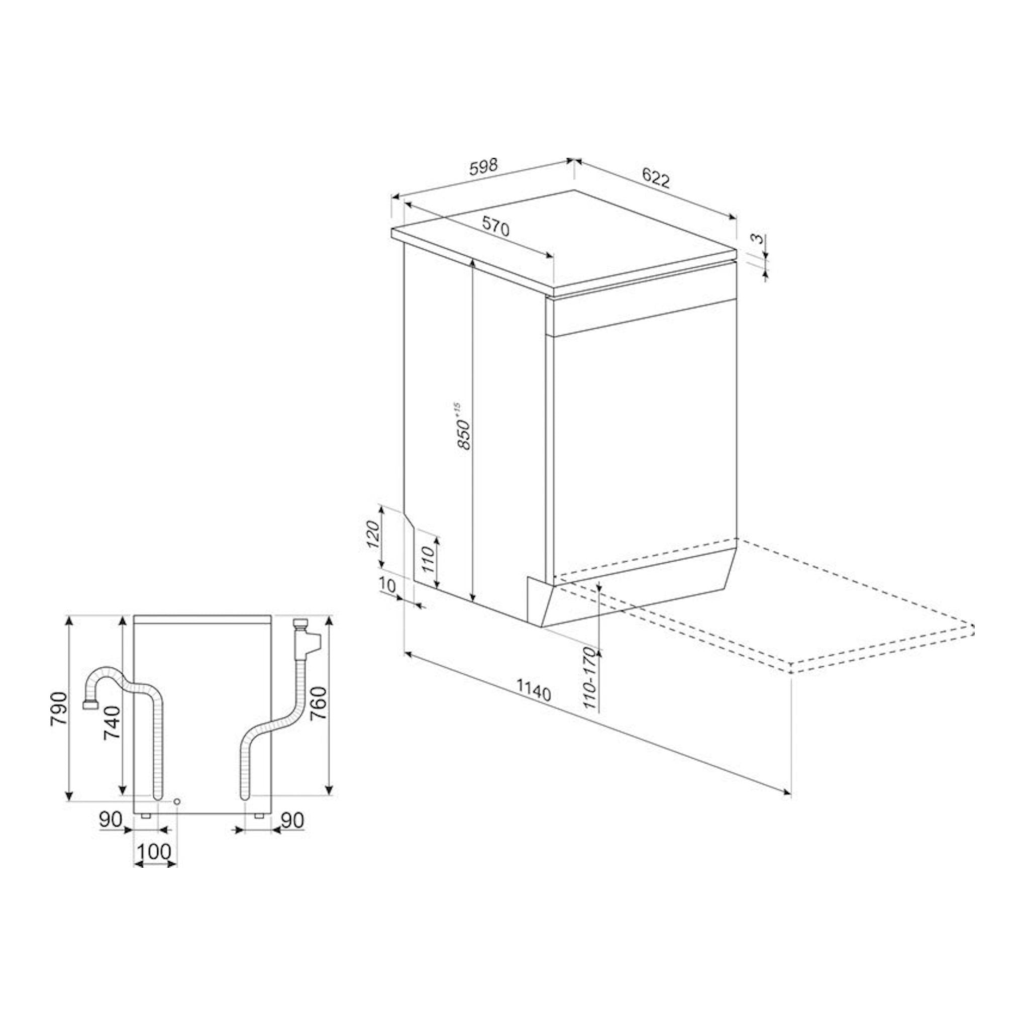 Smeg LVS342CQSX: dibujo técnico en blanco y negro de lavavajillas integrable, vista frontal y lateral con medidas.