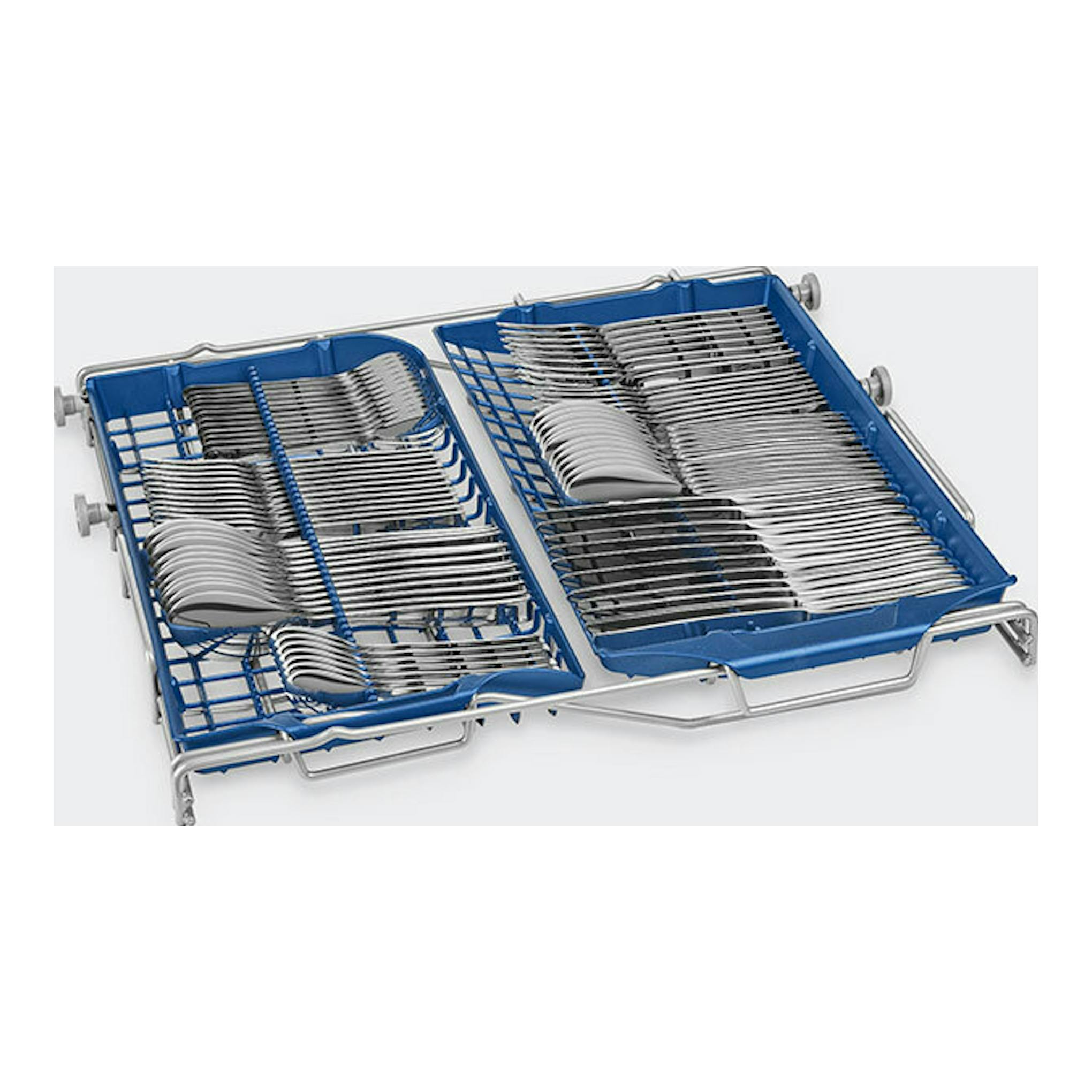 Lavavajillas Smeg LVS345BQSTX de 60 cm, con dos cestas azules cargadas de vajilla, vista frontal.