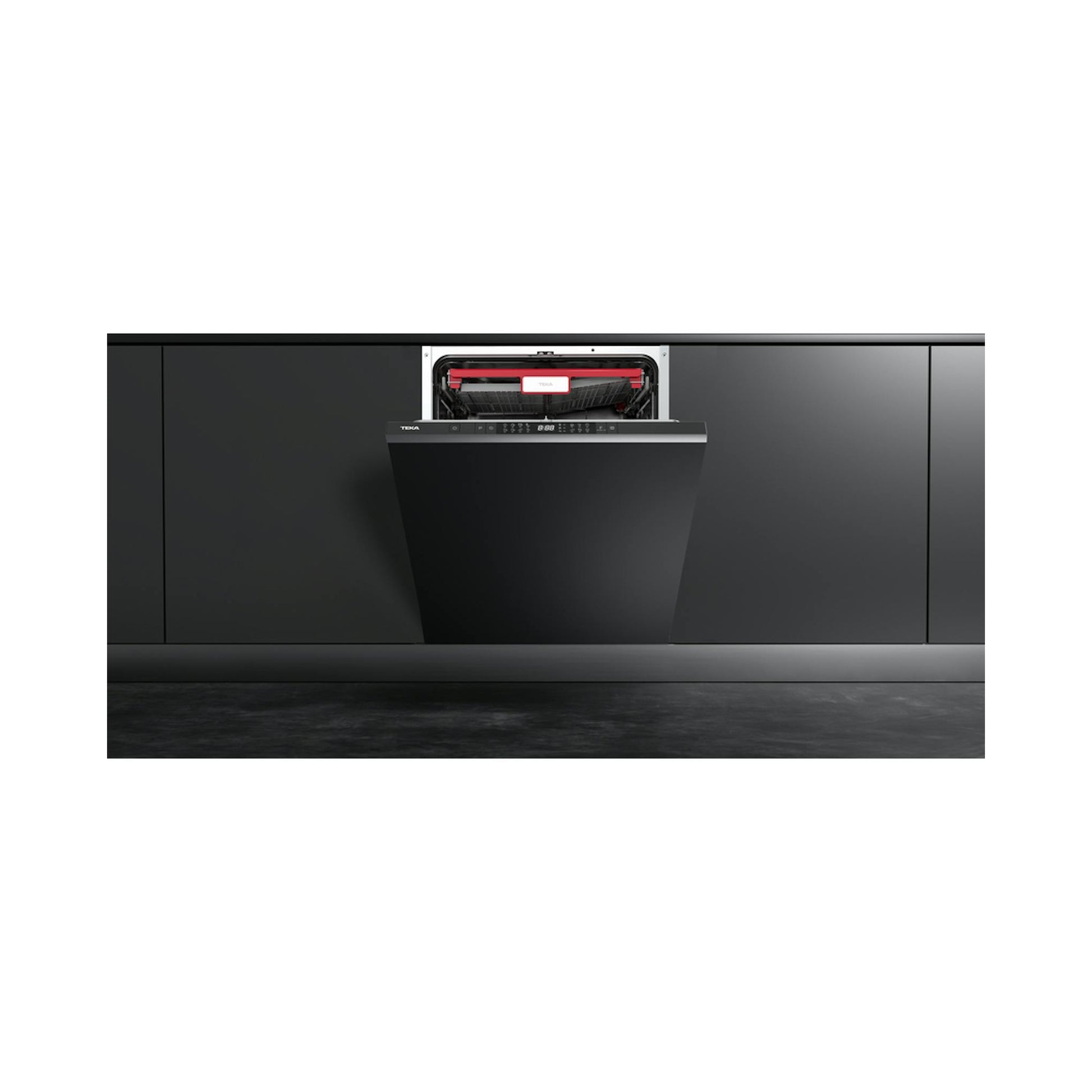 Lavavajillas Teka DFI 86850 XL integrable, negro, parcialmente abierto en una cocina