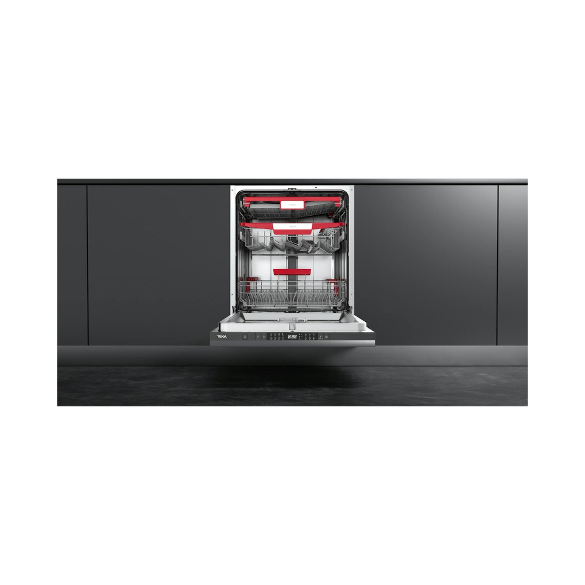 Lavavajillas Teka DFI 86850 XL integrable, abierto, vista frontal en cocina oscura.