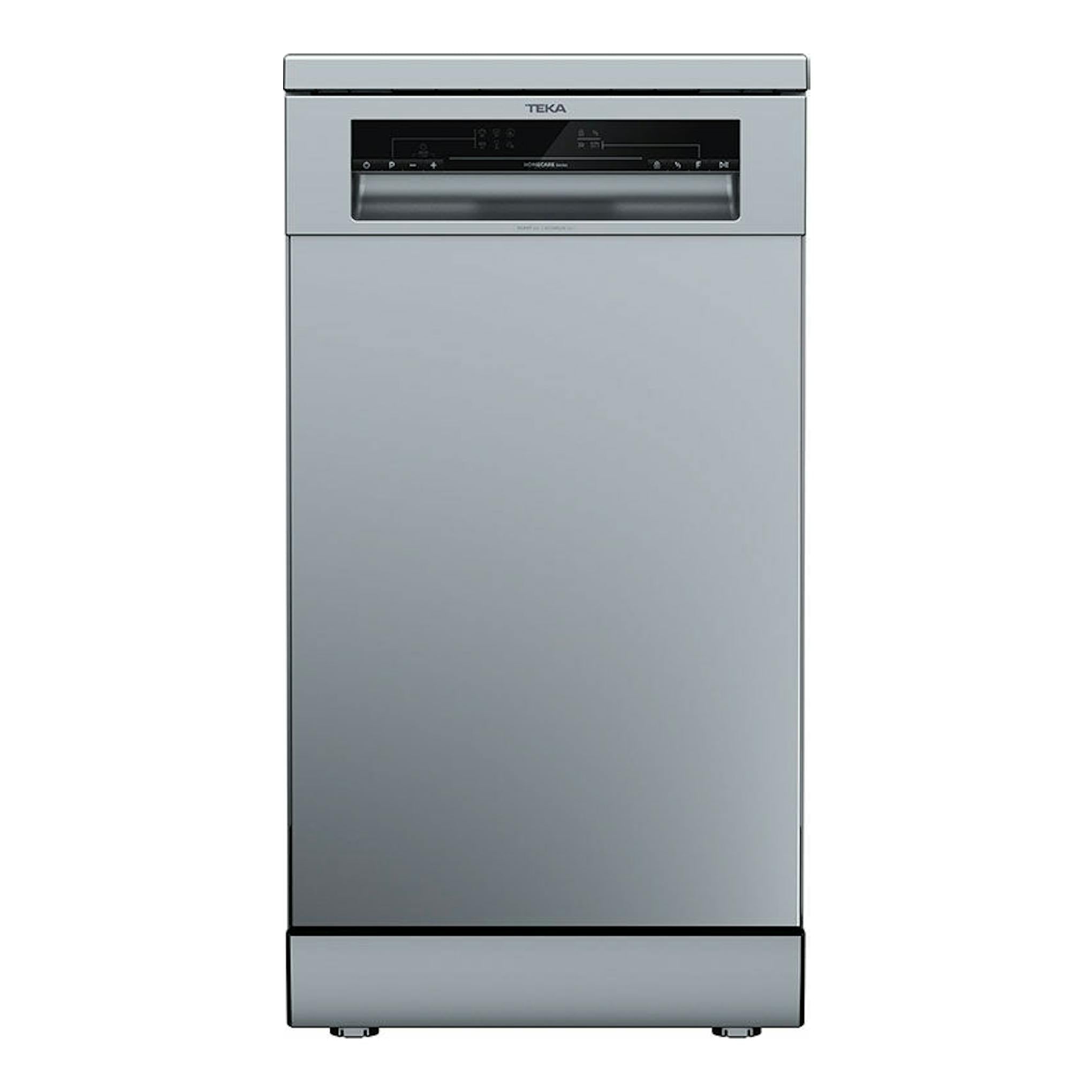 Lavavajillas Teka DFS24650 inox, vista frontal, panel superior negro y puerta gris acero.