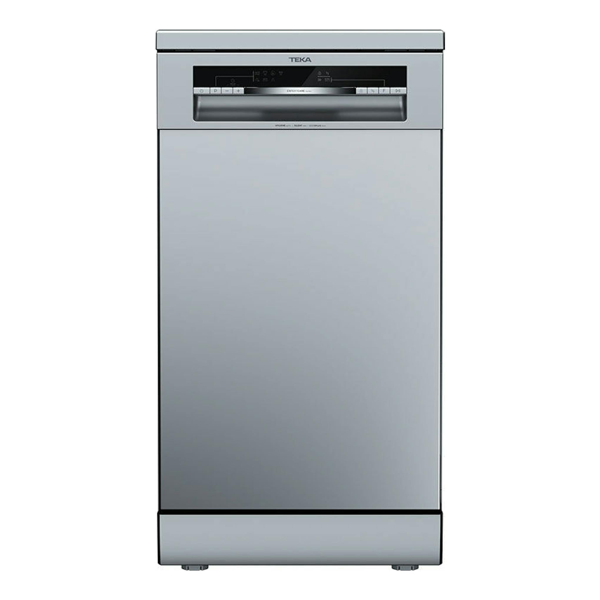 Lavavajillas Teka DFS44750 de 45 cm, vista frontal, acabado acero inoxidable y panel de control superior.