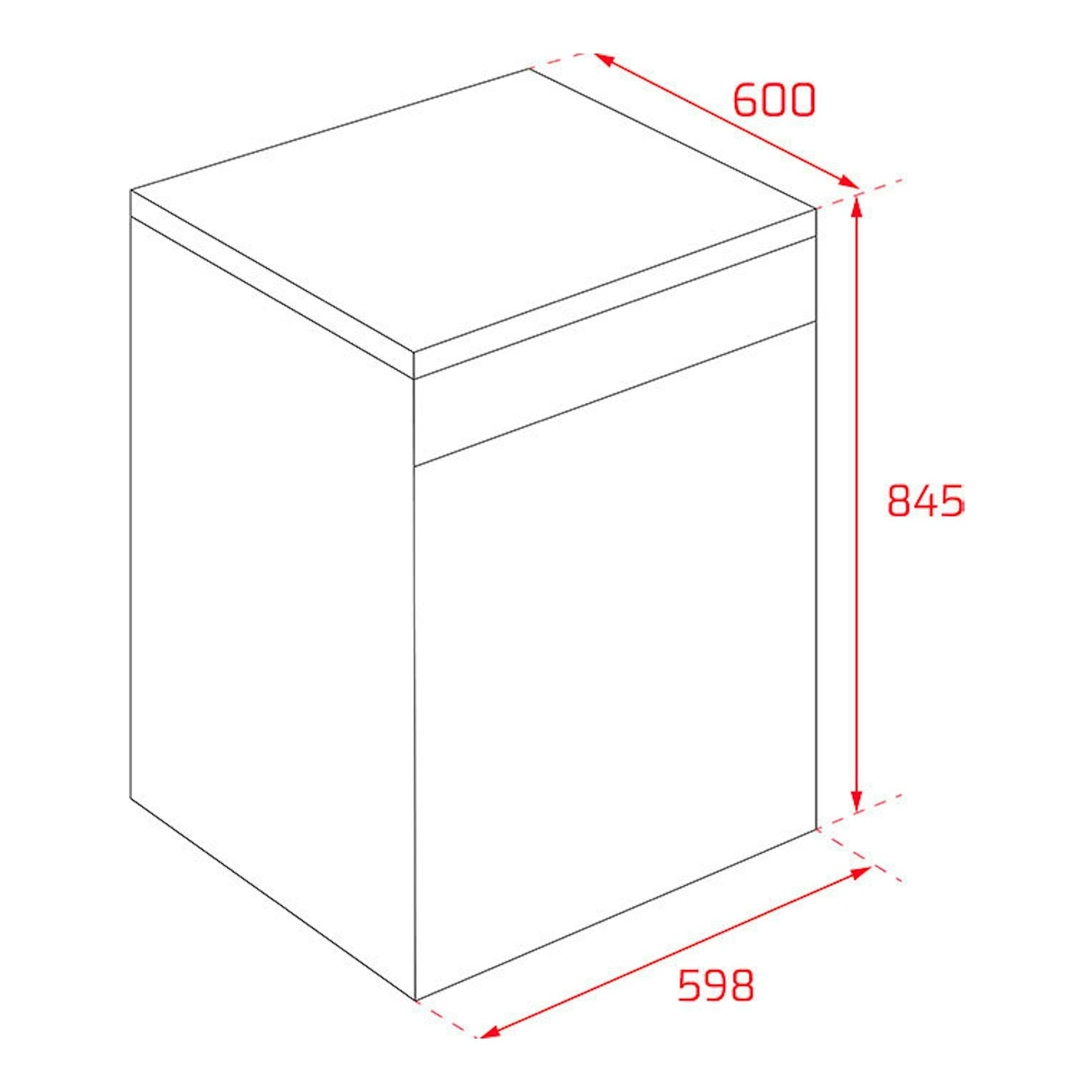 Lavavajillas Teka DFS46760 blanco, vista isométrica frontal, con medidas 600x598x845 mm.