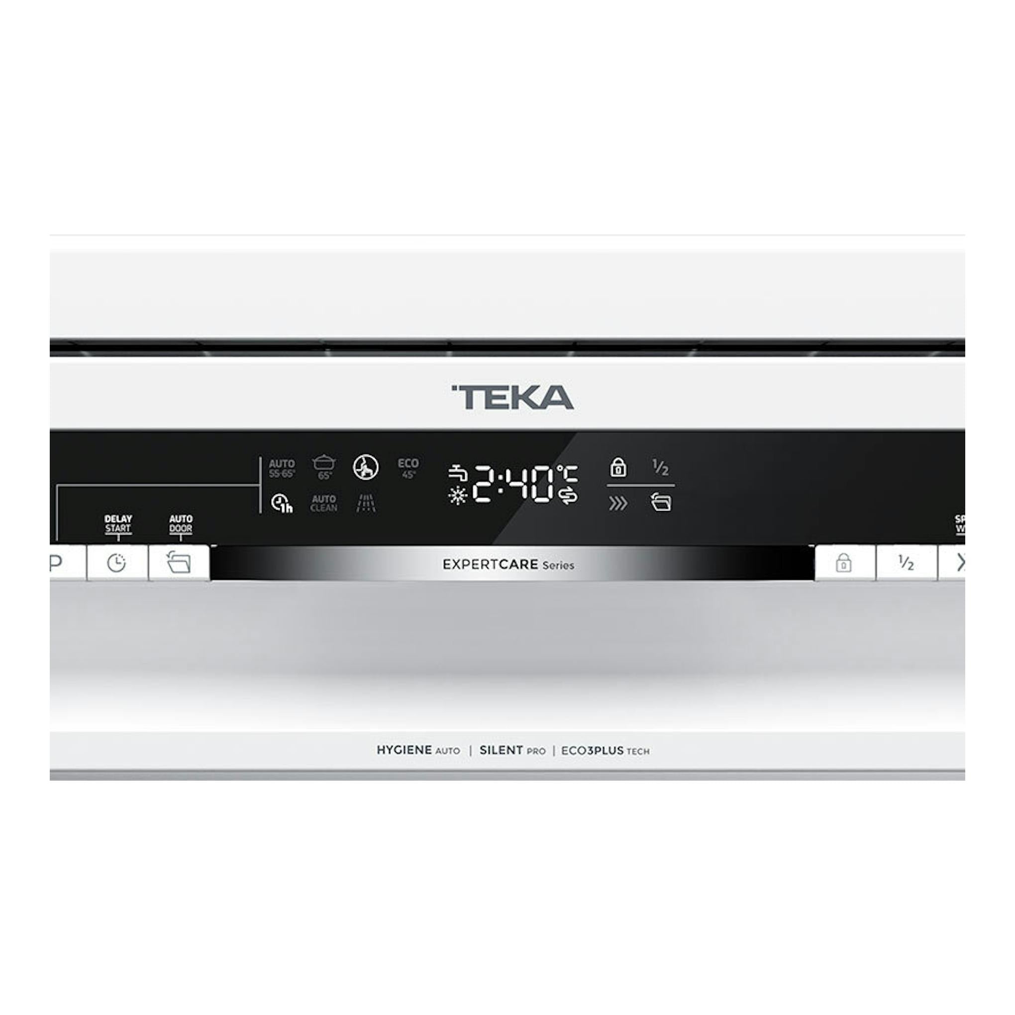 Lavavajillas Teka DFS46760 blanco, vista frontal, con panel negro y display digital.