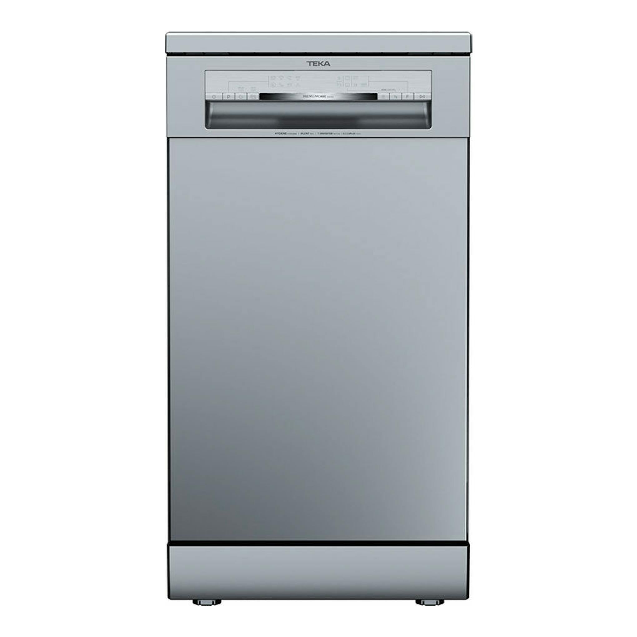 Lavavajillas Teka DFS74850 inox, vista frontal, color plateado, empotrable de 45 cm.