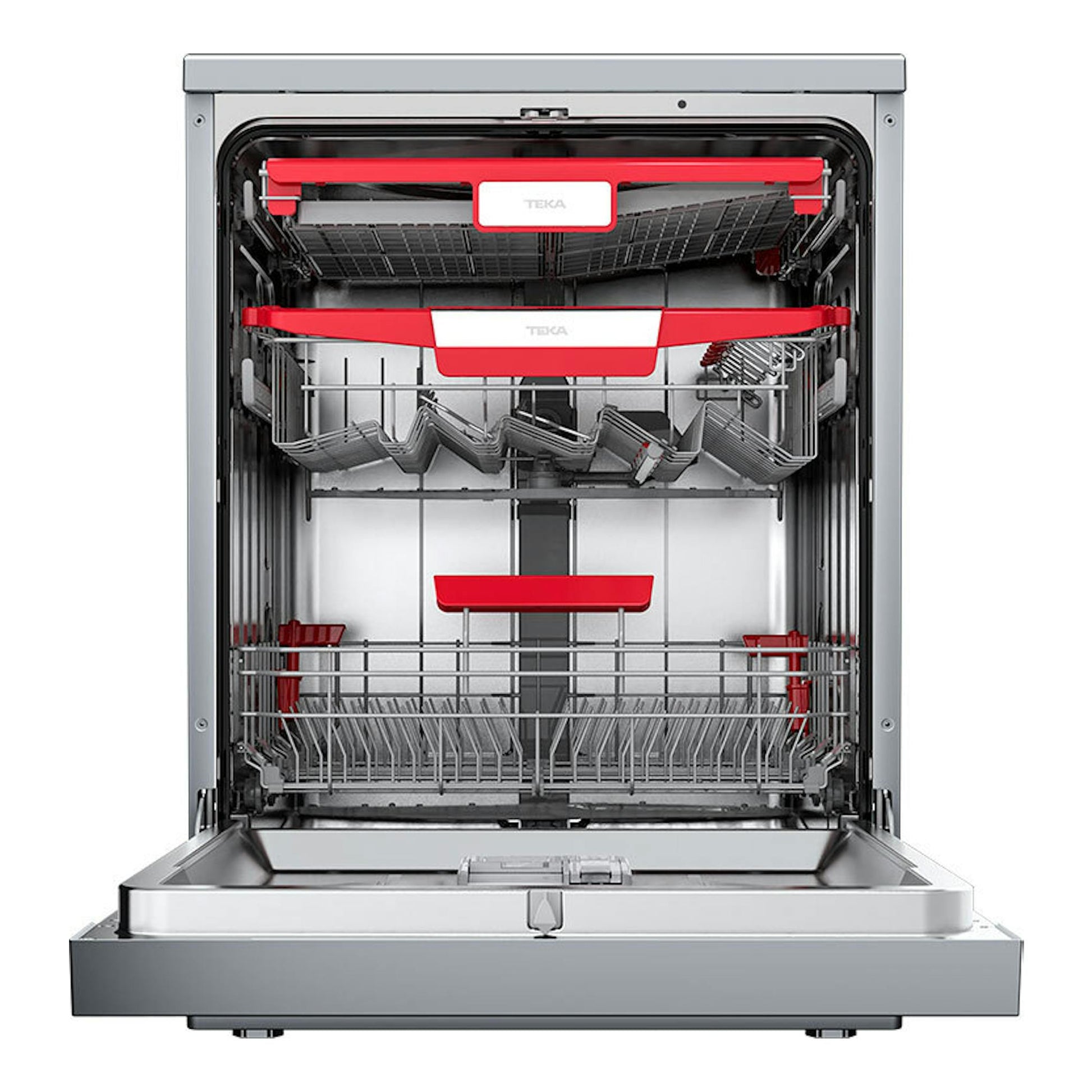 Lavavajillas Teka DFS76860 Inox abierto, vista frontal del interior con cestas y detalles en rojo.
