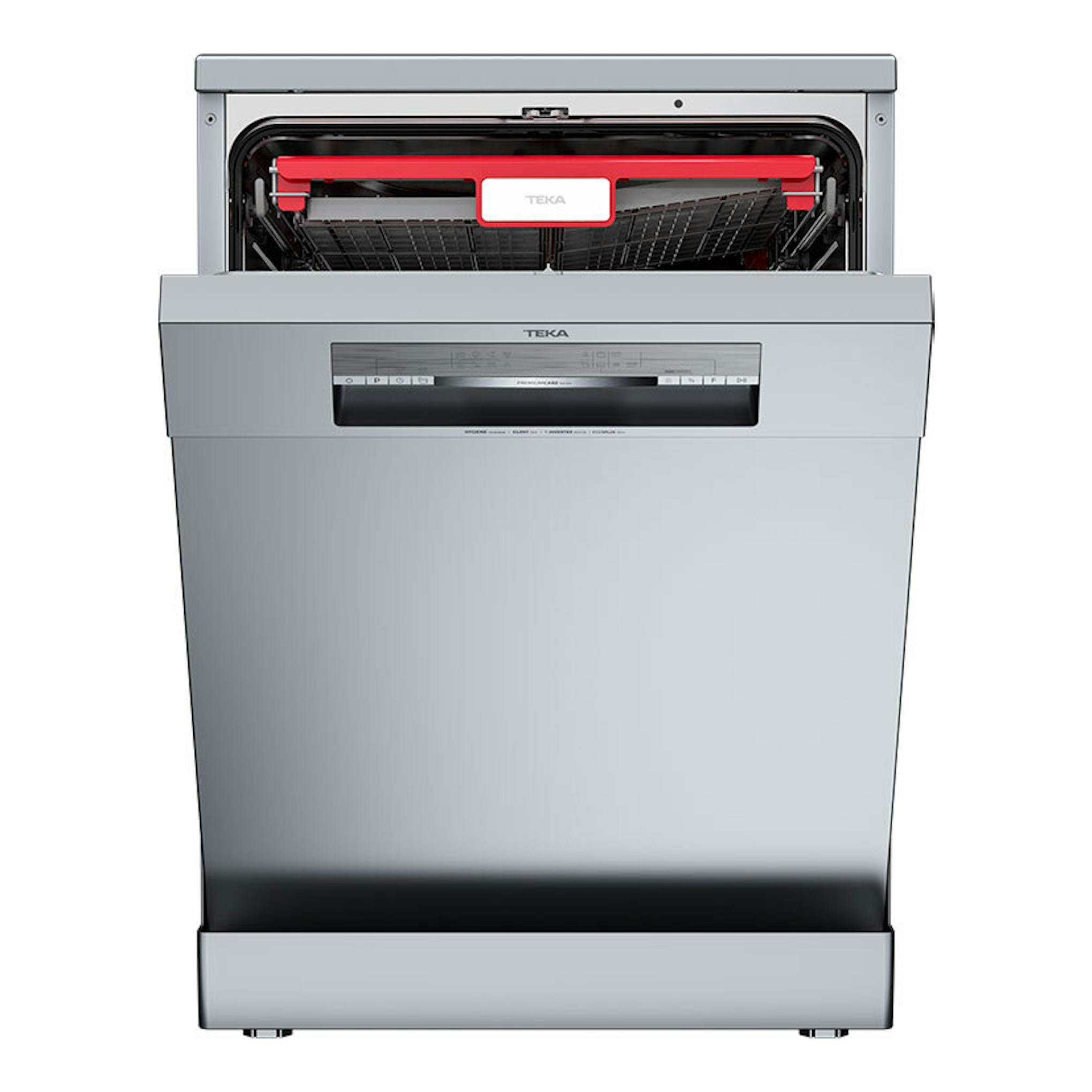 Lavavajillas Teka DFS76860 Inox, vista frontal, acero inoxidable, con la puerta abierta y el interior visible.