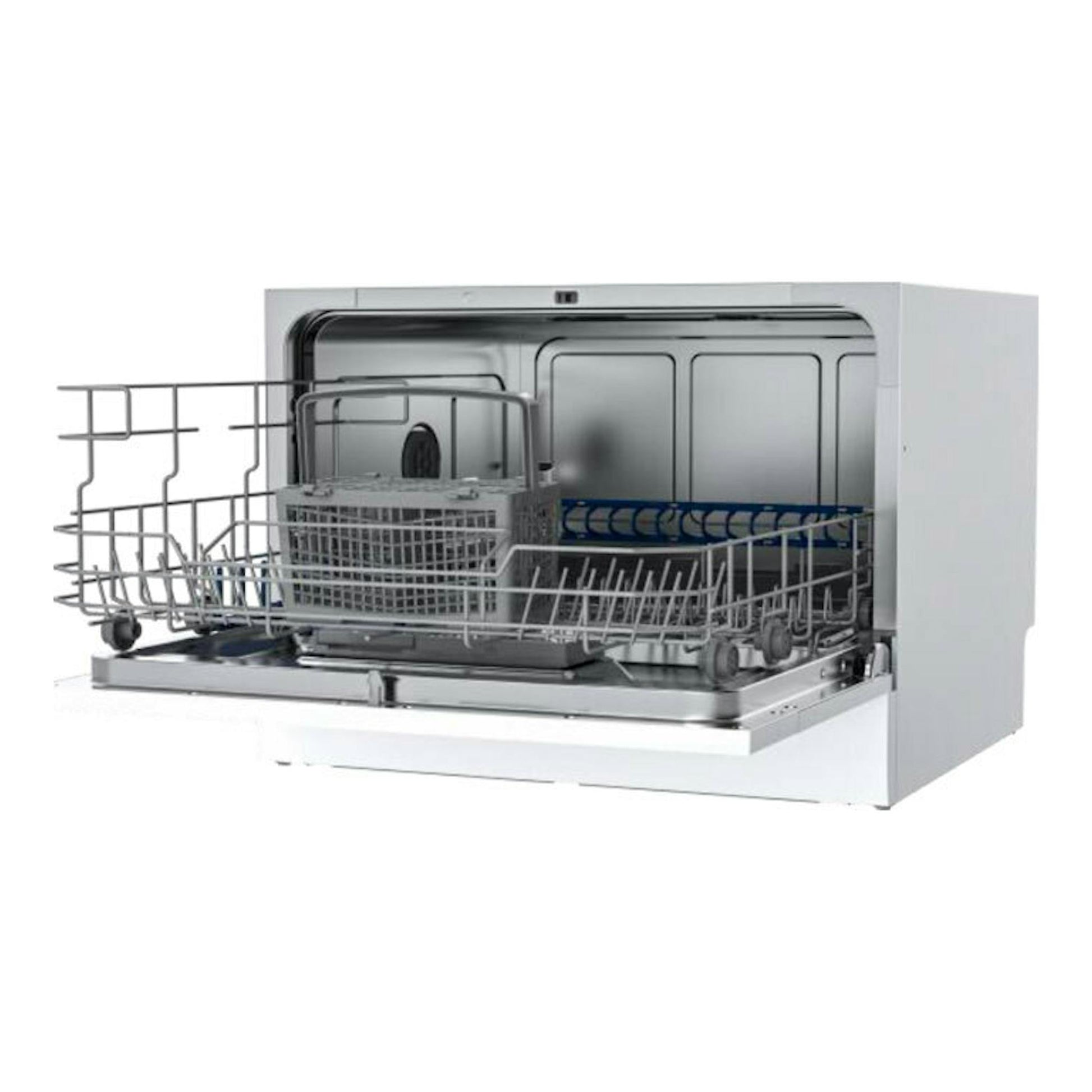 Lavavajillas Teka LC24700 de 55 cm, empotrable, blanco, con puerta abierta y cestas extraíbles.
