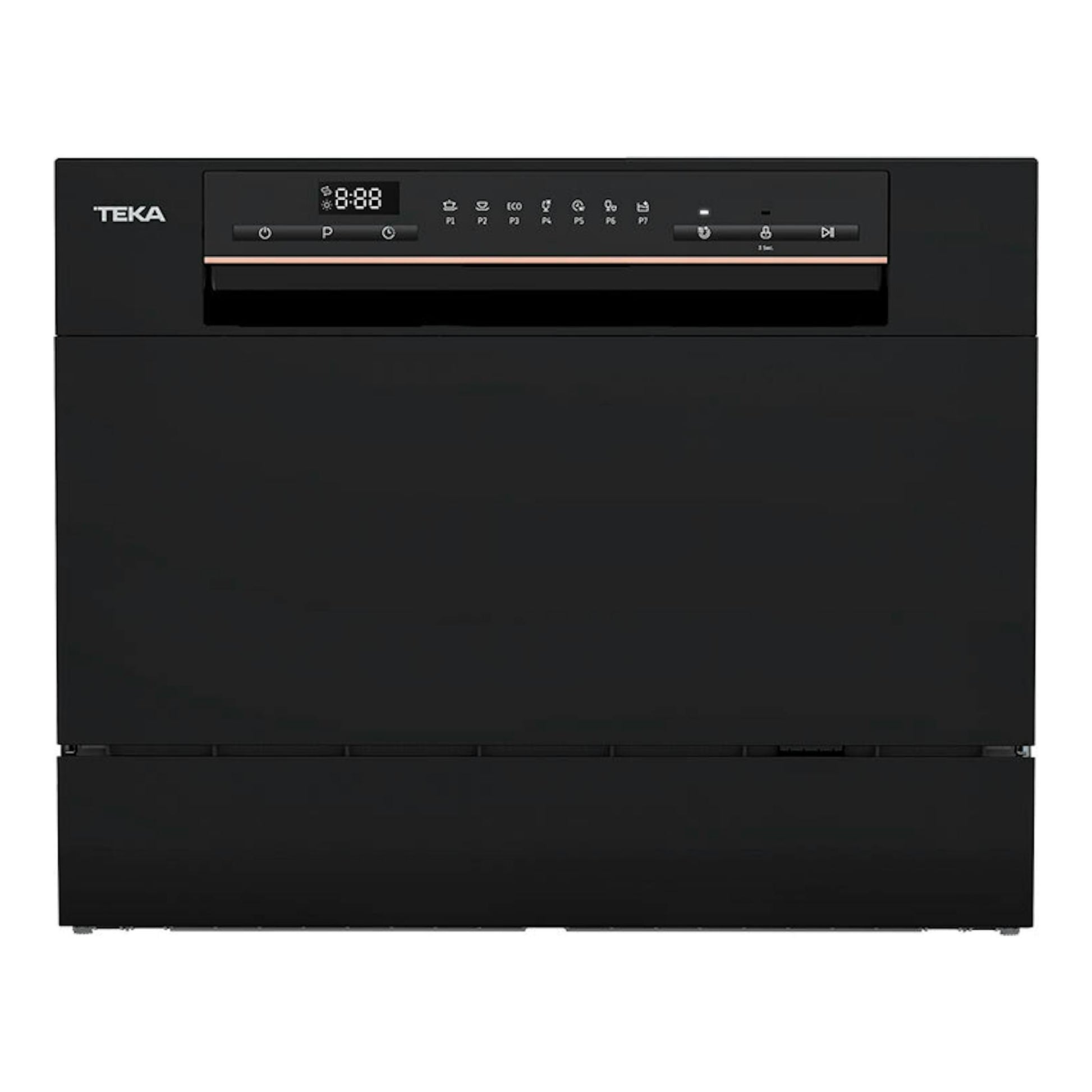 Lavavajillas compacto Teka LC24700 negro, vista frontal, con panel de control superior.