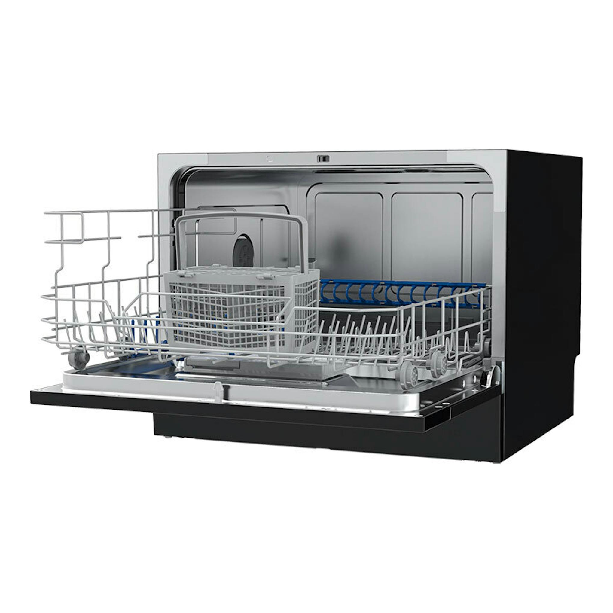 Lavavajillas Teka LC24700 compacto, negro y acero inoxidable, vista frontal con puerta abatida.