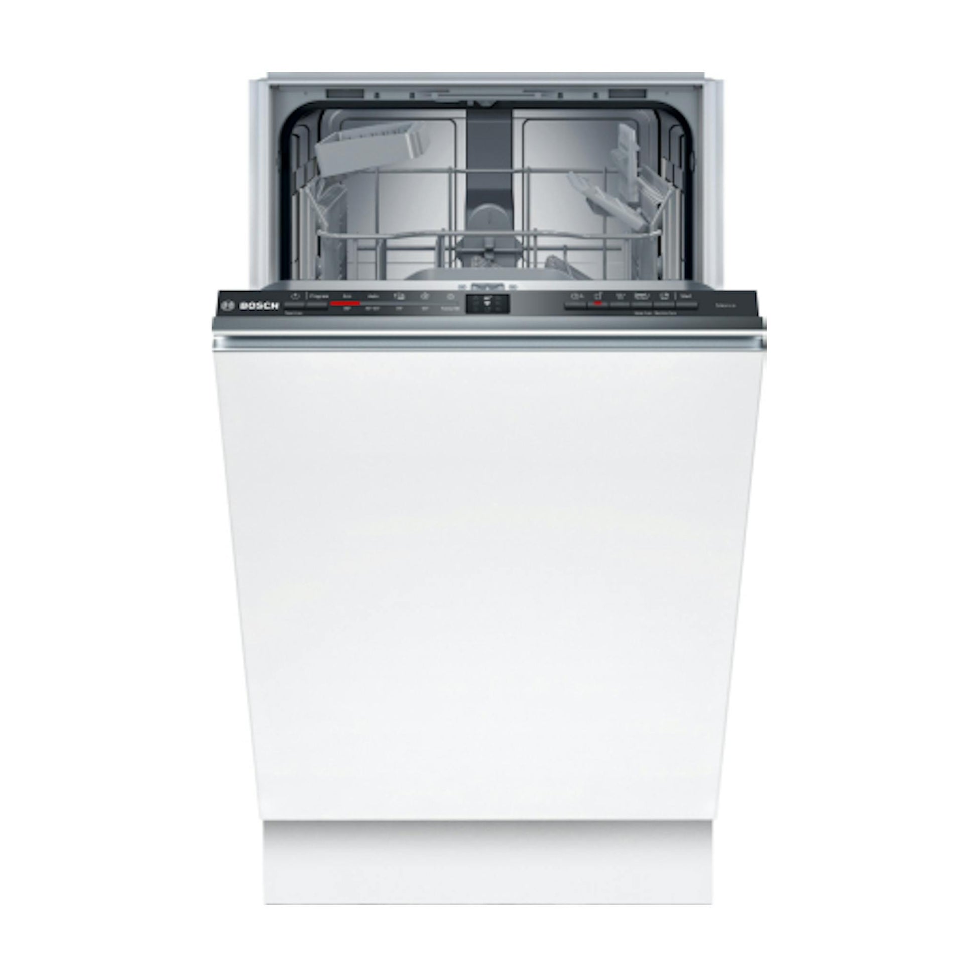 Lavavajillas integrable Bosch SPV2HKX02E, frontal blanco, puerta abierta y cesto interior visible.