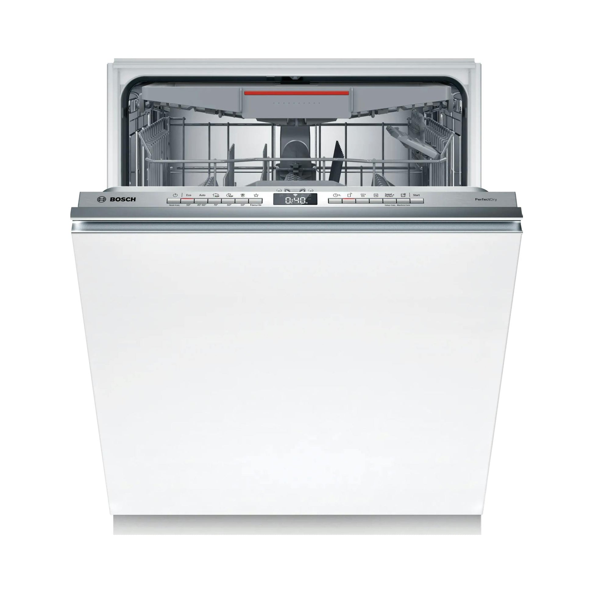 Lavavajillas integrable Bosch SBV6YCX02E, frontal blanco con puerta abierta e interior visible.