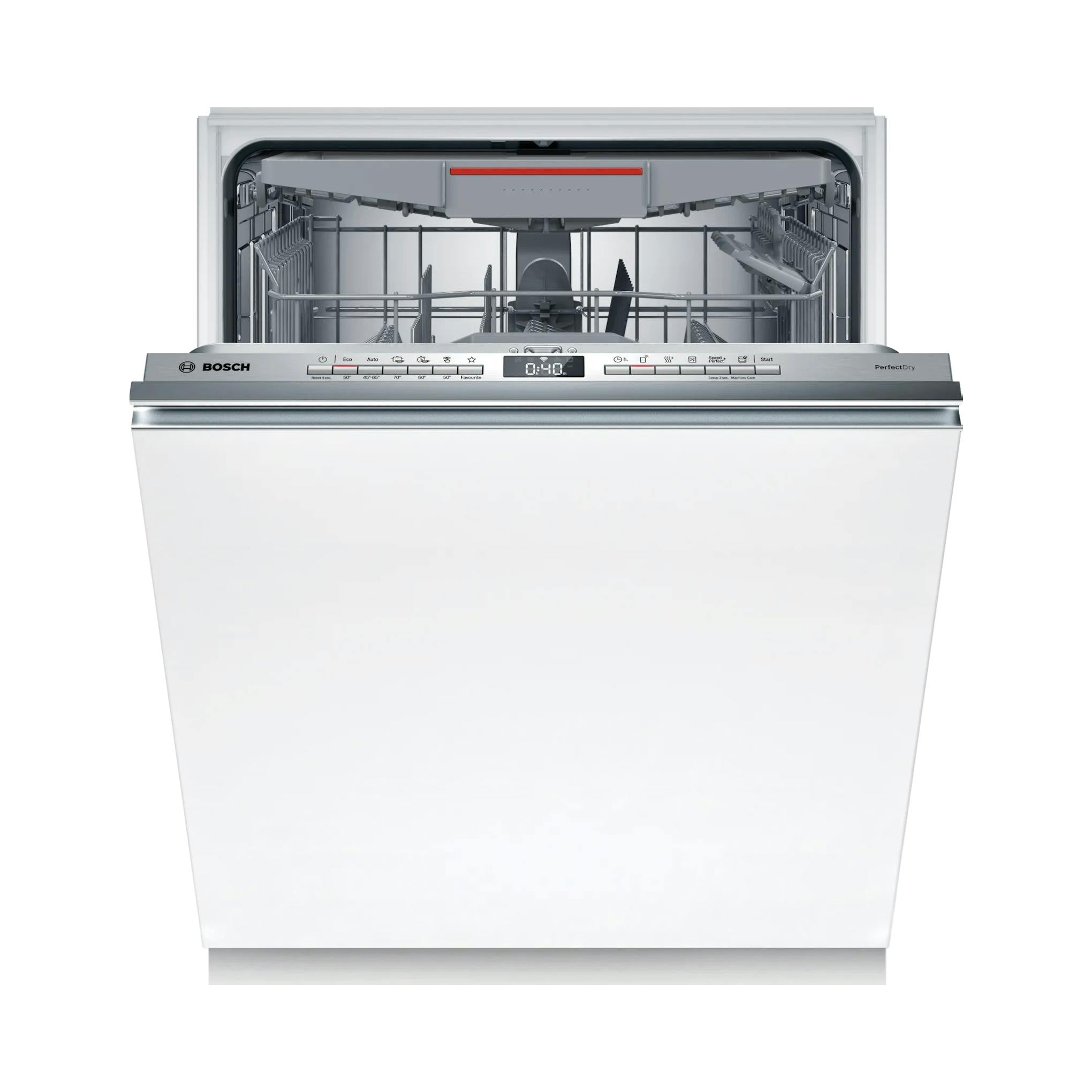 Lavavajillas integrable Bosch SBV6YCX02E, frontal blanco con puerta abierta e interior visible.