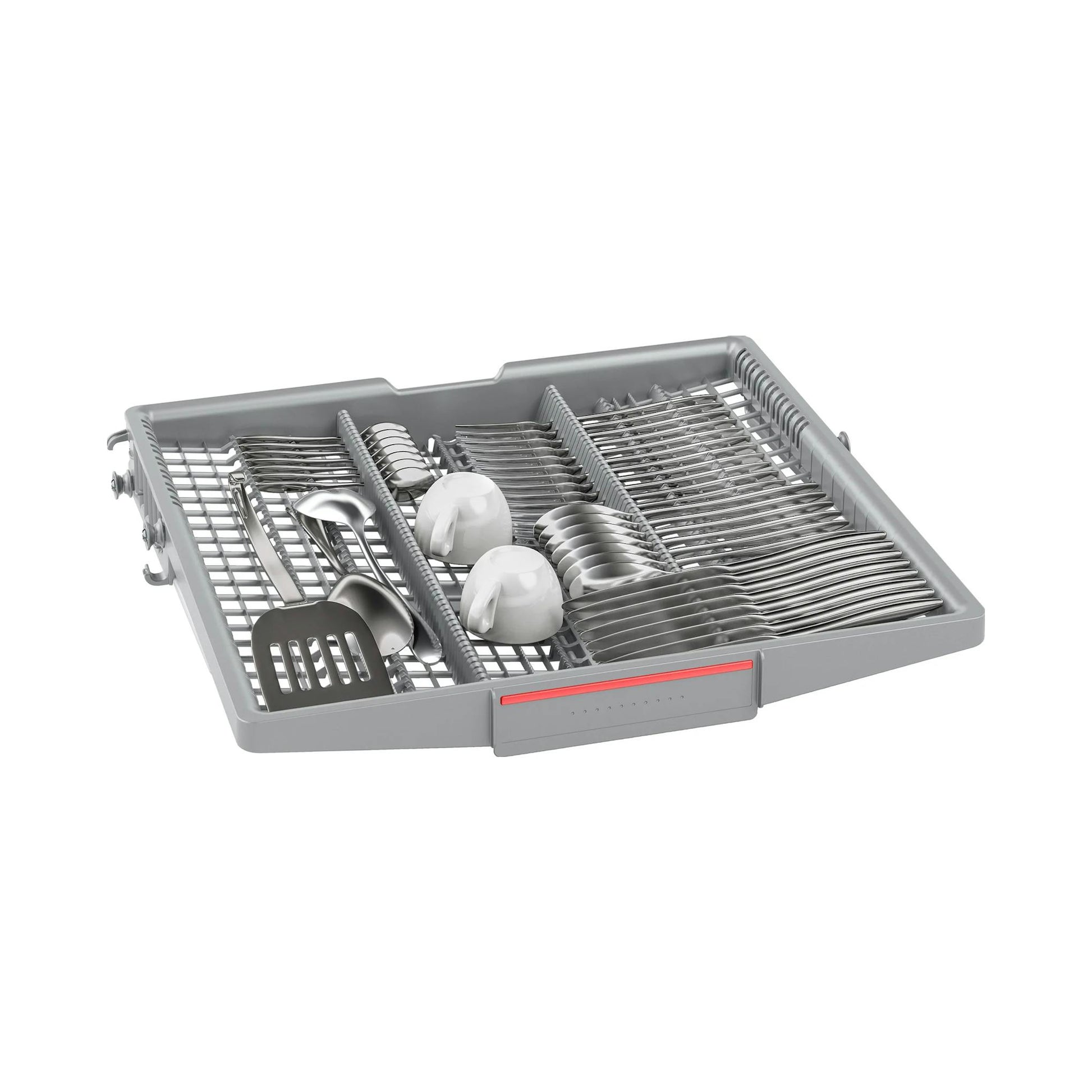 Bandeja de cubiertos de lavavajillas gris, con cucharas, tenedores y dos tazas blancas, vista en perspectiva.