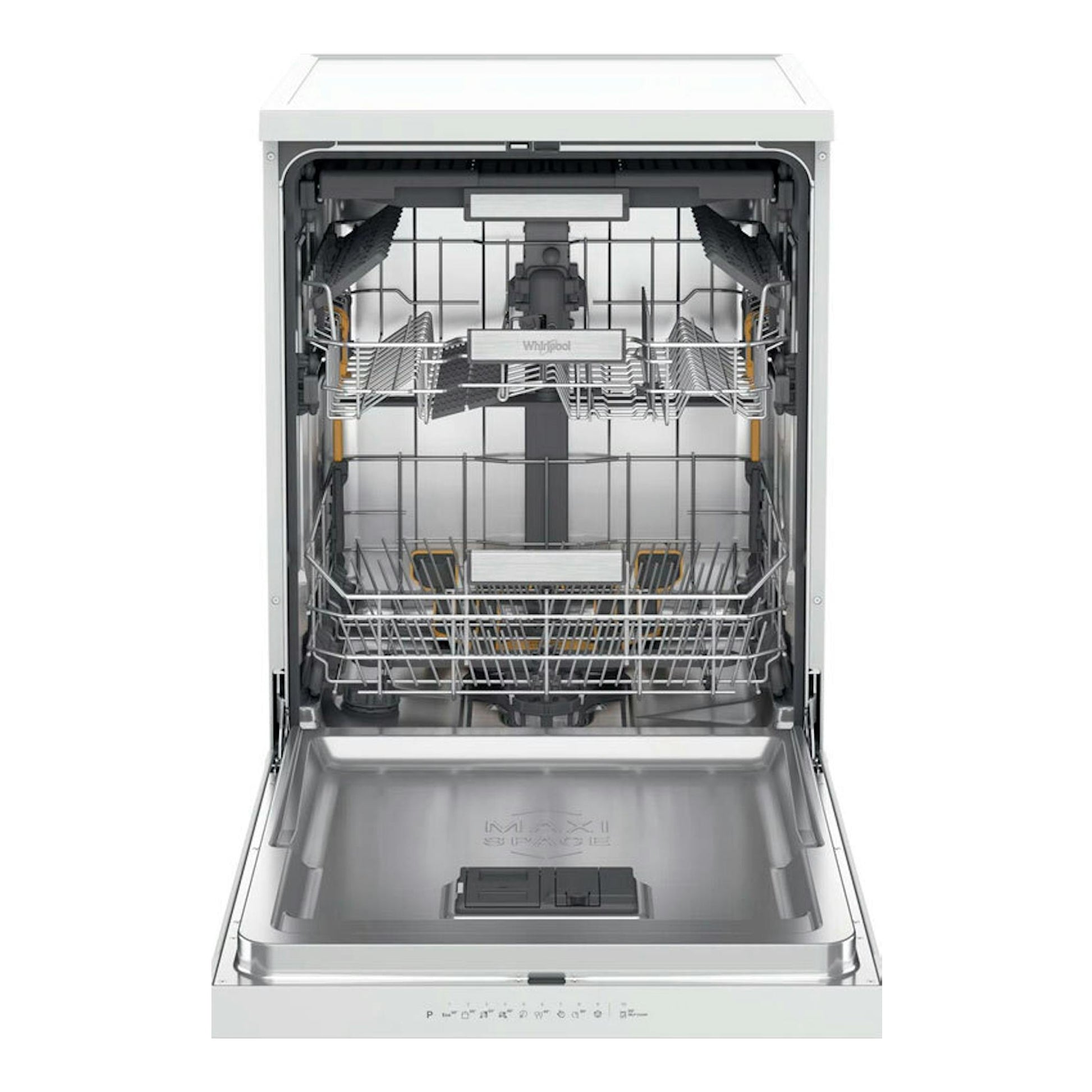 Lavavajillas Whirlpool W7F HP43 de 60 cm, abierto en vista frontal, interior de acero inoxidable y cestos vacíos.