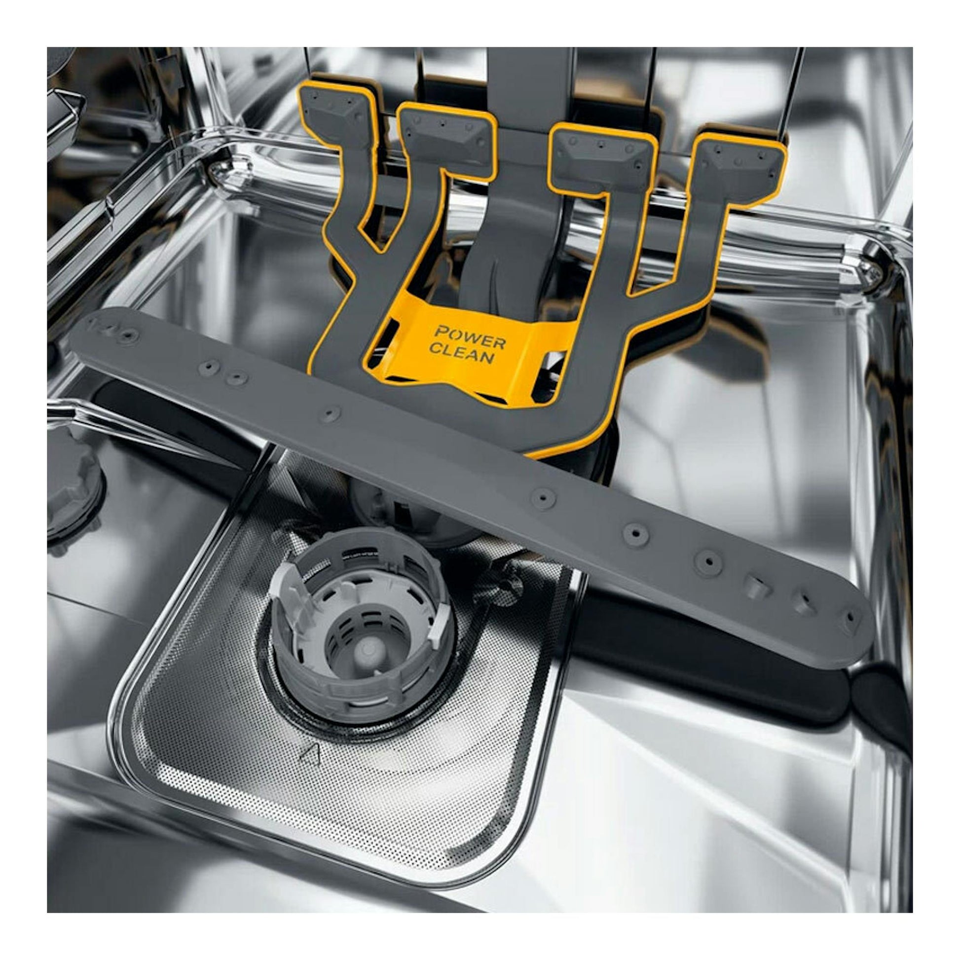 Interior de lavavajillas Whirlpool W7F HP43 de acero inoxidable, con brazos rociadores PowerClean.