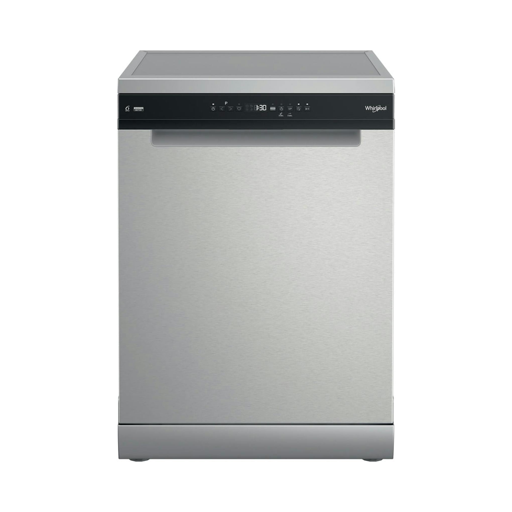 Lavavajillas Whirlpool W7F HP43 X de acero inox, vista frontal sobre fondo blanco.