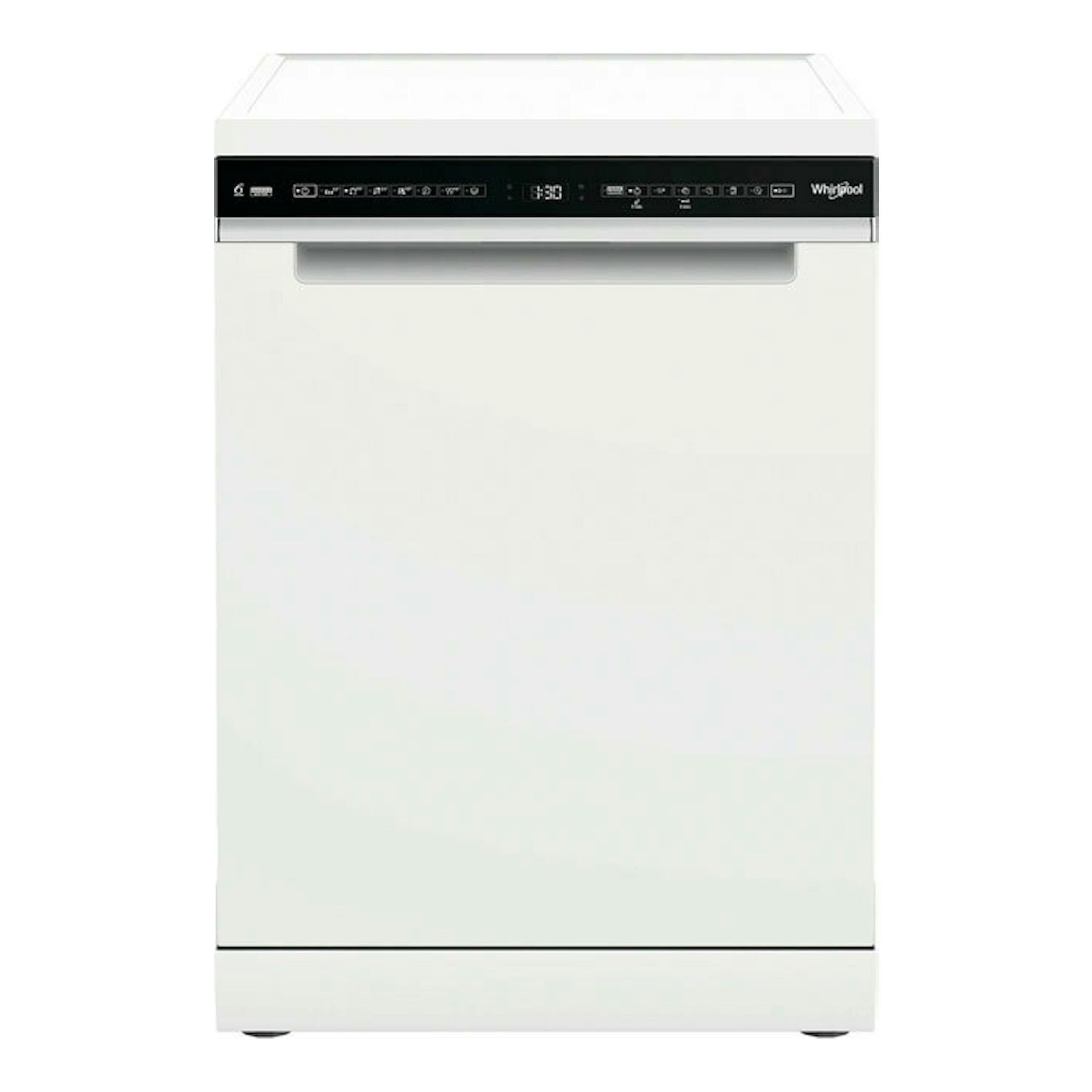 Lavavajillas Whirlpool W7F HS51 blanco, vista frontal, con panel negro superior y display digital.