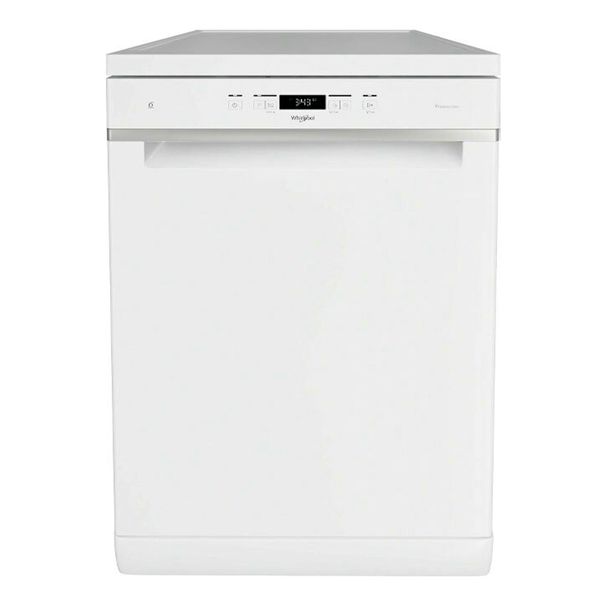 Lavavajillas Whirlpool WFC 3C34 P blanco, vista frontal con panel de control superior.