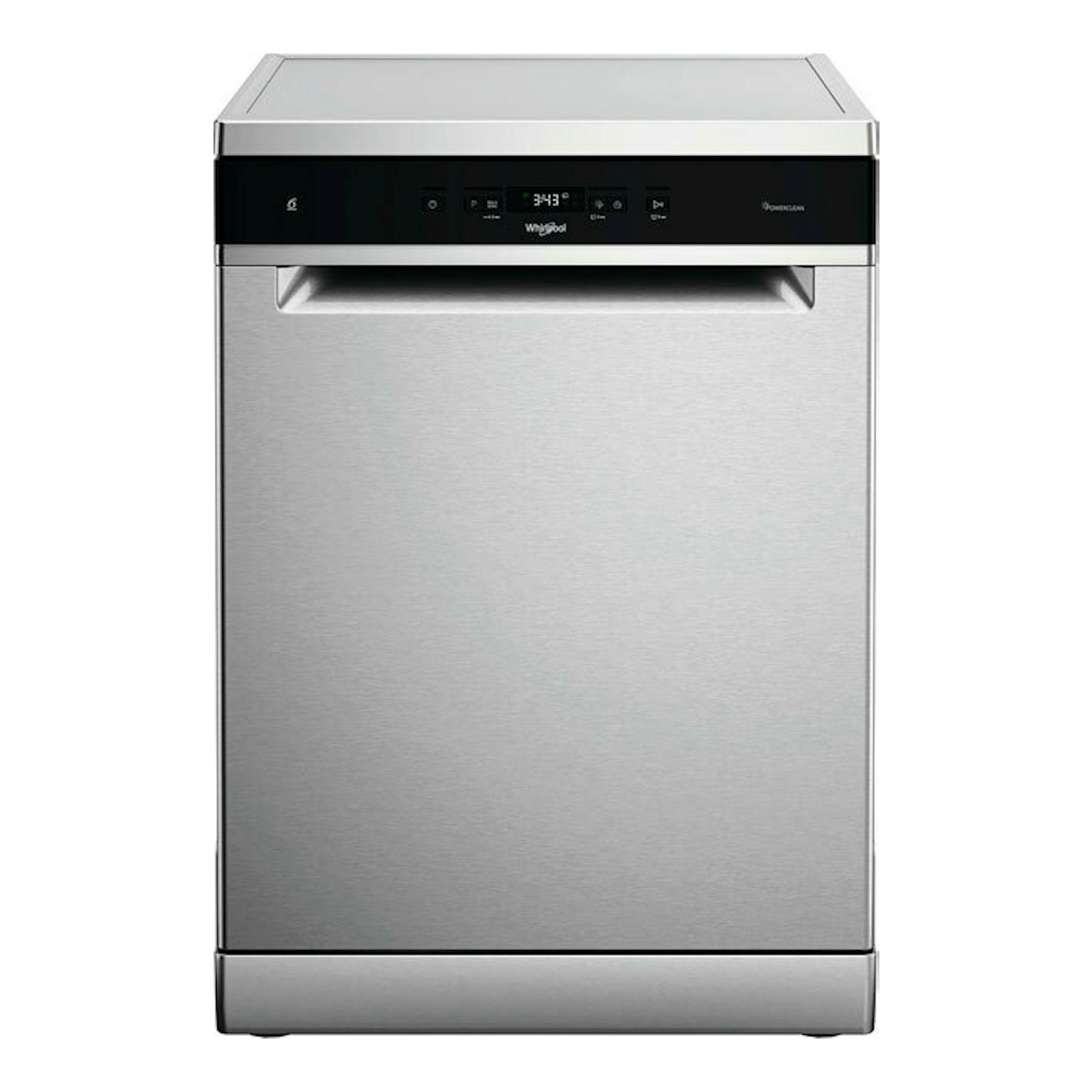 Lavavajillas Whirlpool WFC 3C34 P X de acero inoxidable, vista frontal, con panel negro superior.