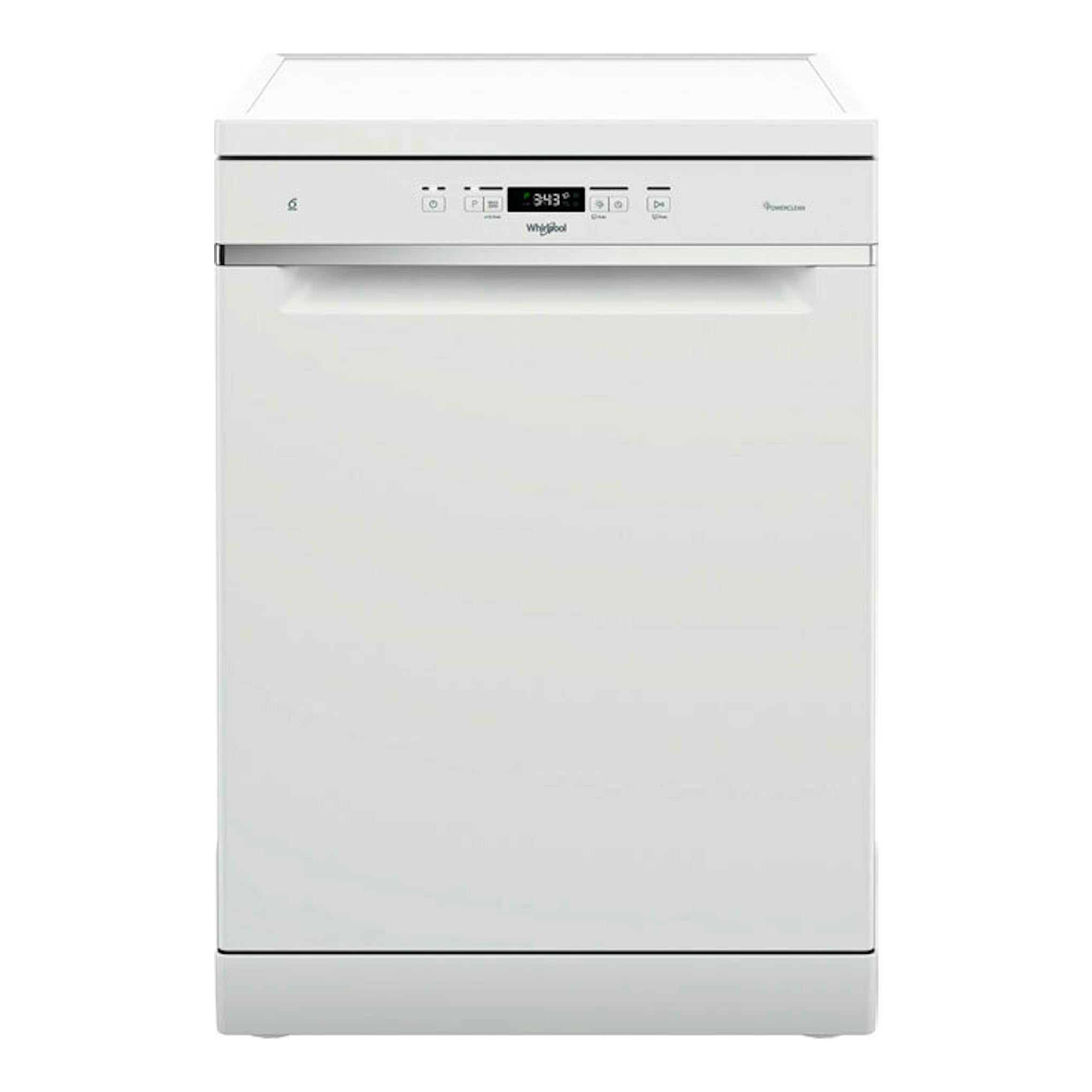 Lavavajillas Whirlpool WFC 3C42 P blanco, vista frontal, con panel de control superior y display digital.
