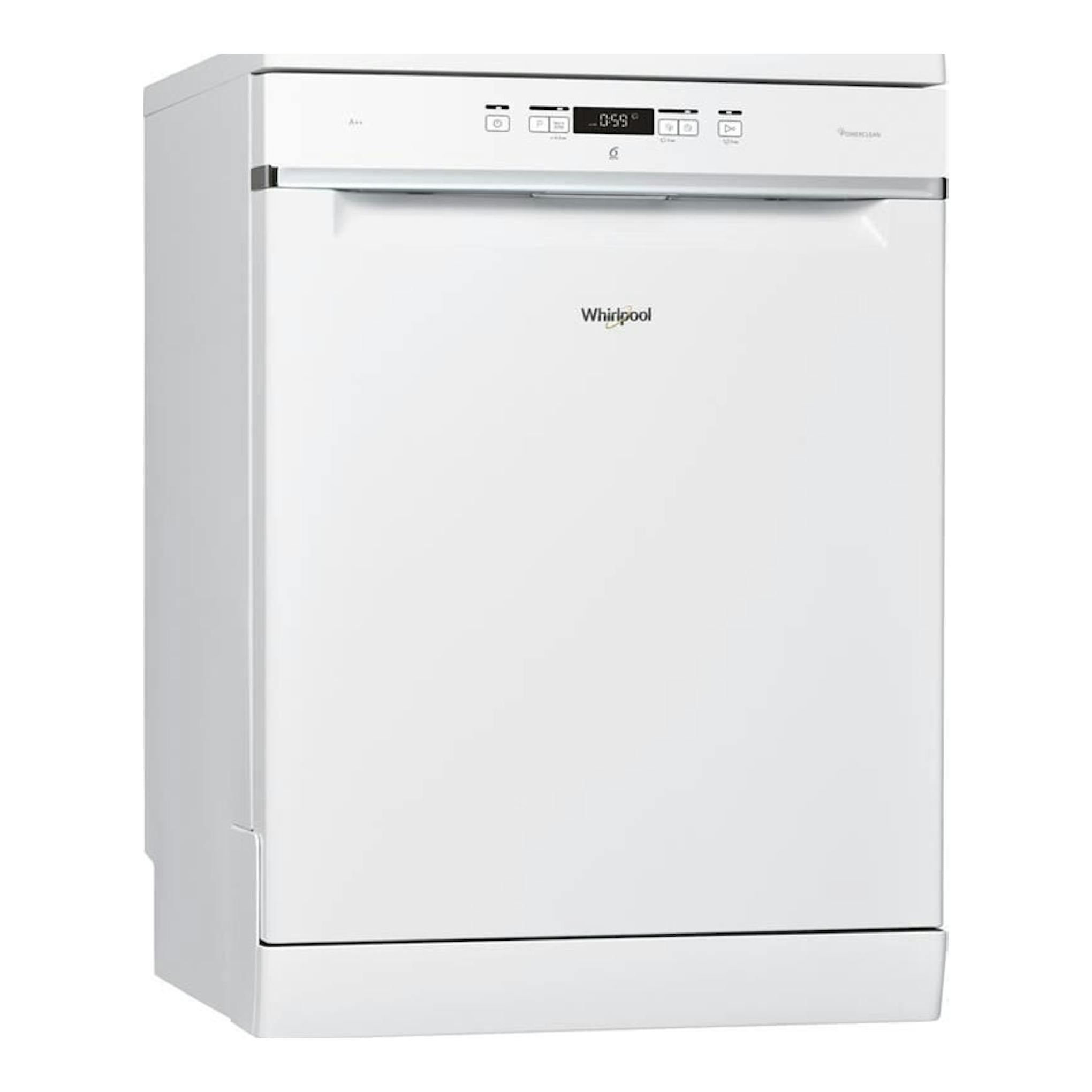 Lavavajillas Whirlpool WFC3C26P blanco, vista frontal, con panel de control superior.