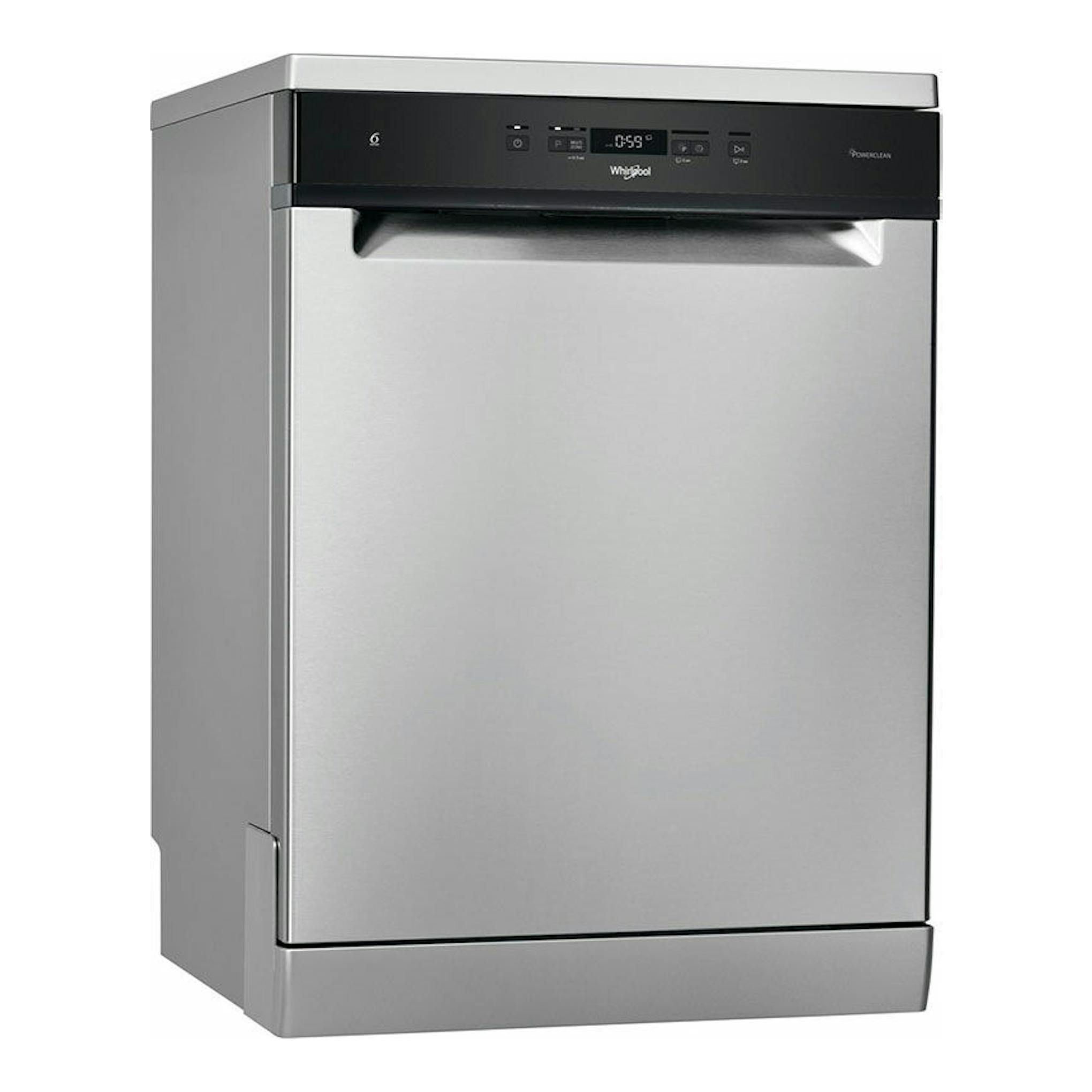 Lavavajillas Whirlpool WFC3C33PFX de acero inoxidable, vista frontal ligeramente en ángulo.
