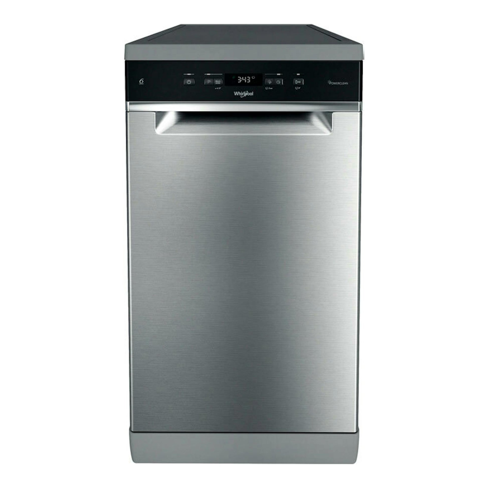 Lavavajillas Whirlpool WH6FC11BS7A0X de acero inoxidable, vista frontal, con panel negro superior.